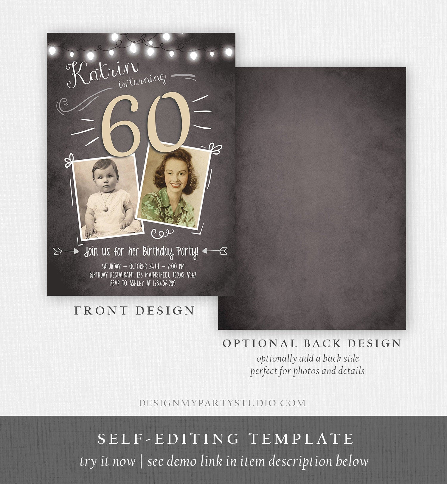 Editable 60th Birthday Invitation Rustic Adult Sixty Photo Vintage Diamond Jubilee Anniversary Digital Download Template Printable 0230
