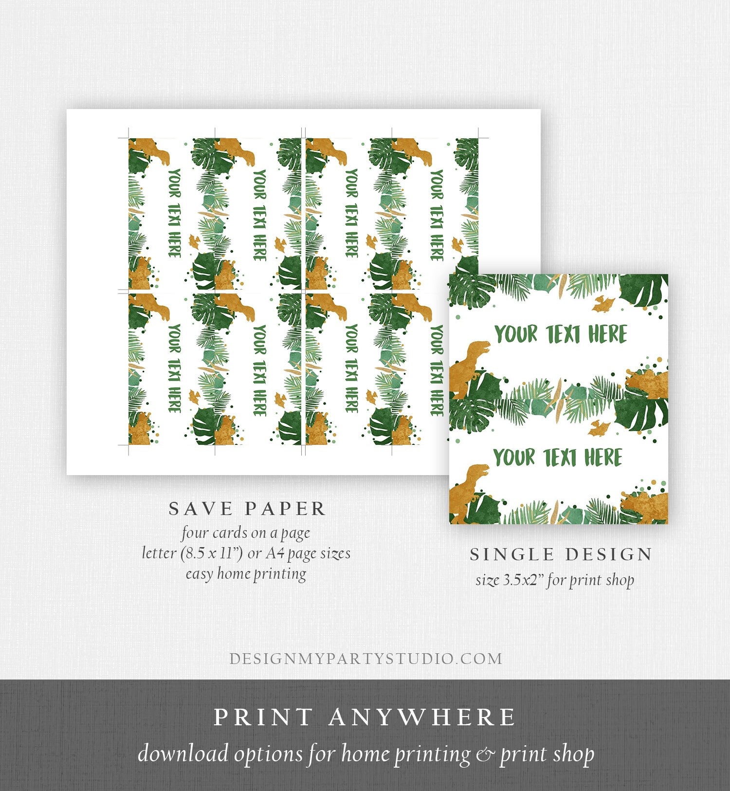 Editable Dinosaur Food Labels Dinosaur Party Place Card Tent Card TRex Prehistoic Green Gold Dino Birthday Boy T-Rex Digital Template 0146