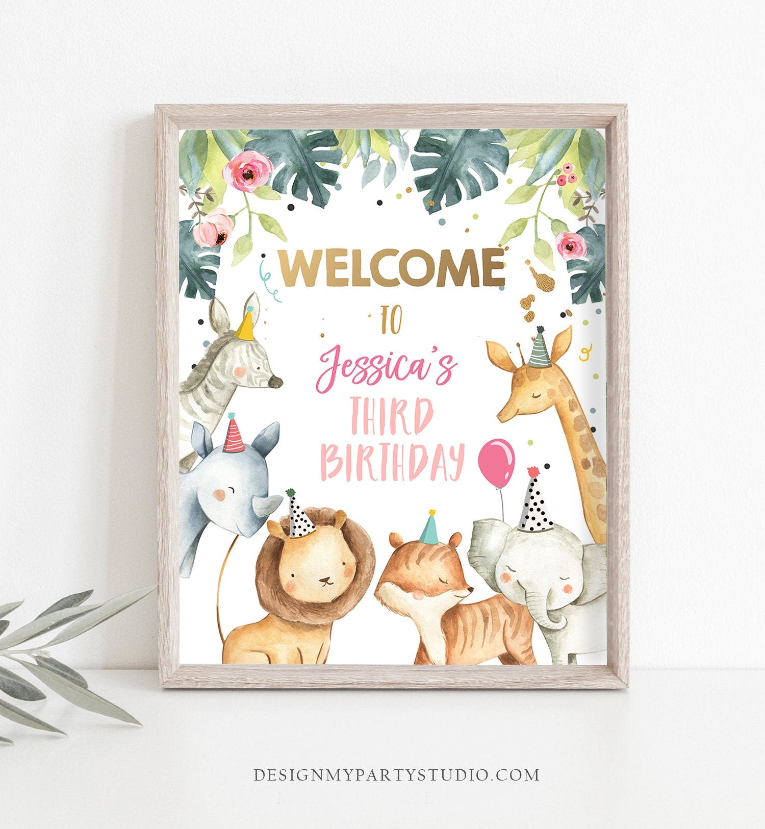 Editable Safari Animals Welcome Sign Party Animals Sign Zoo Safari Pink Gold Welcome Jungle Sign Birthday Template PRINTABLE Corjl 0163