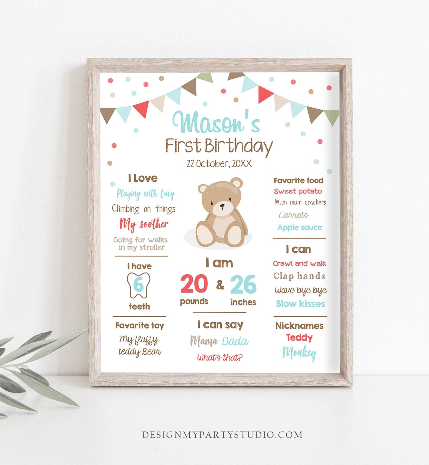 Editable Teddy Bear Birthday Milestones Sign Teddy Bear Picnic Birthday First Birthday Boy Little Cub Download Corjl Template Printable 0100
