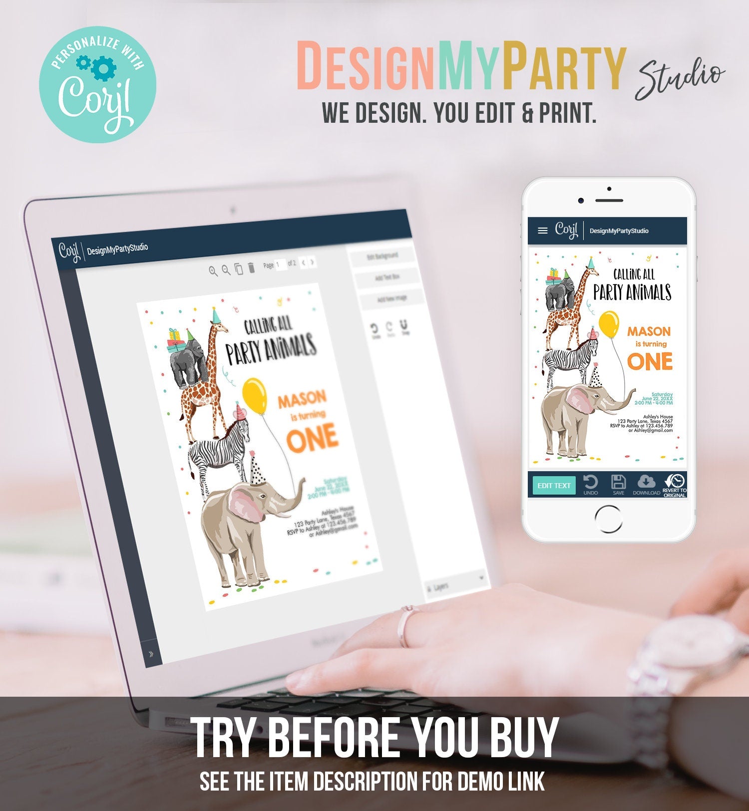 Editable Party Animals Birthday Invitation Wild One Animals Invitation Zoo Safari Animals Boy Download Corjl Template Printable 0142
