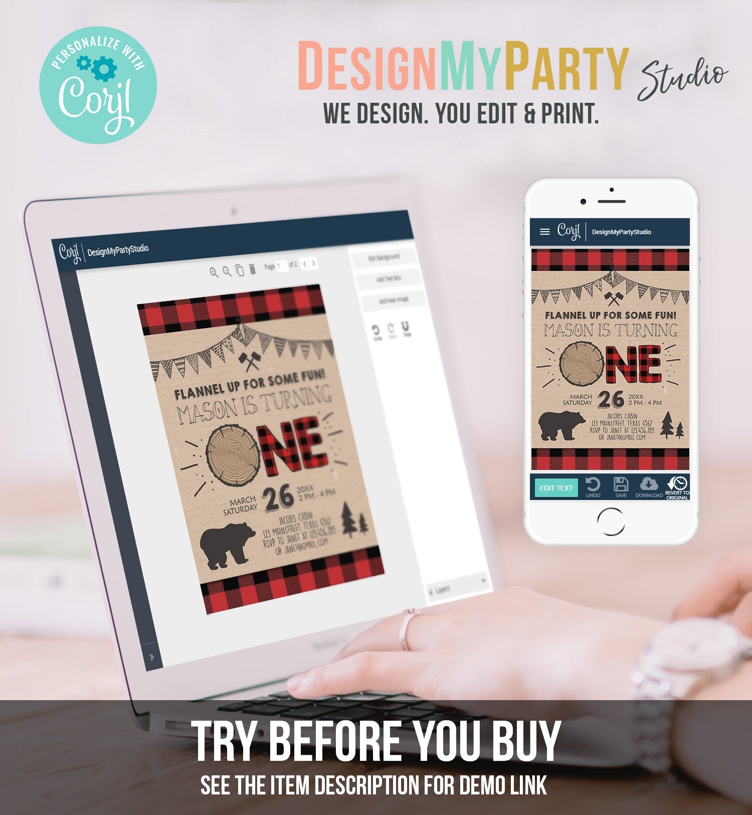 Editable Lumberjack Birthday Invitation Rustic Woodland First Birthday Bear Forest Red Black Plaid Download Corjl Template Printable 0026