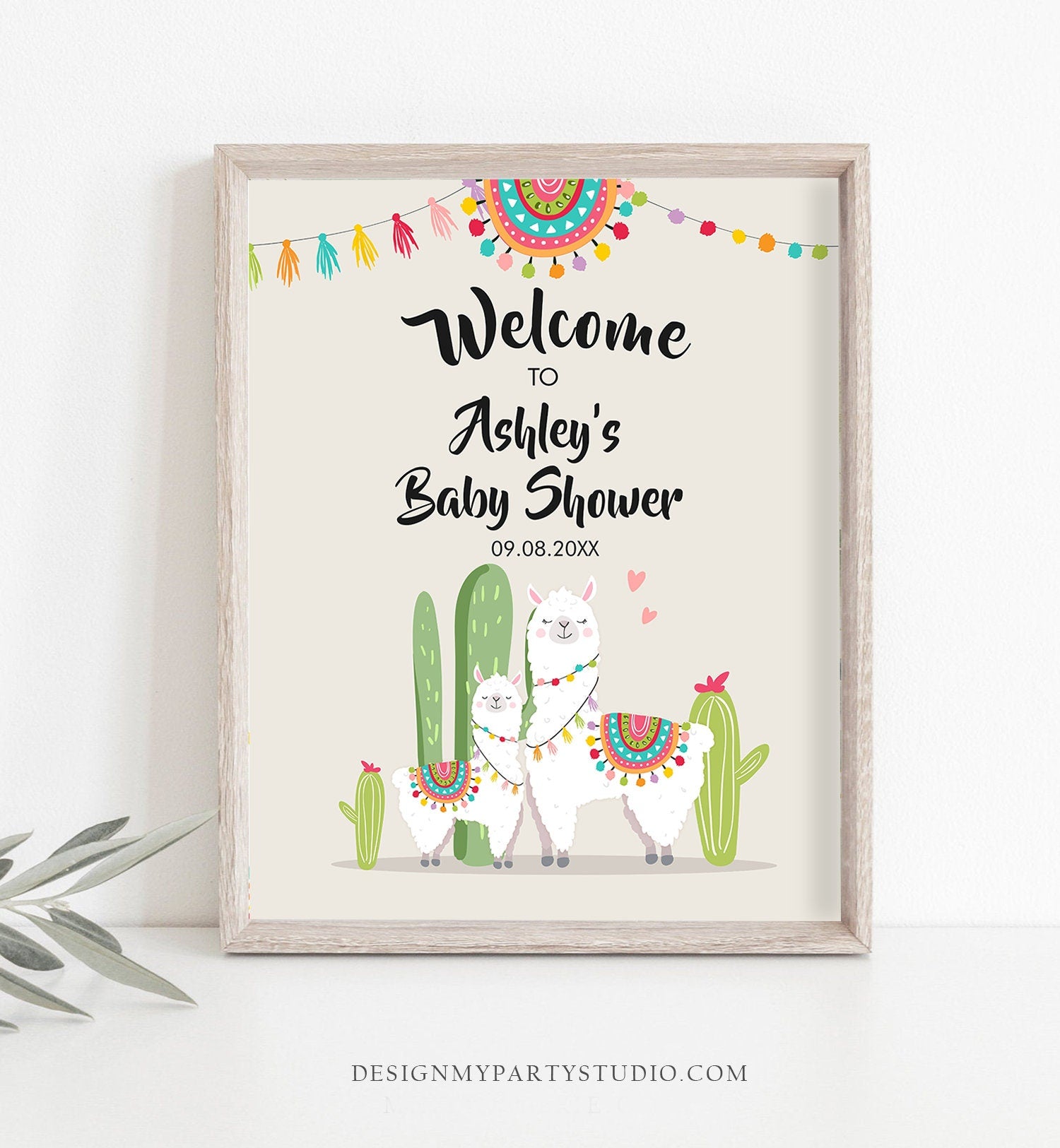 Editable Llama Welcome Sign Llama Baby Shower Welcome Baby Sprinkle Cactus Theme Fiesta Mexican Succulent Neutral Template Printable 0079