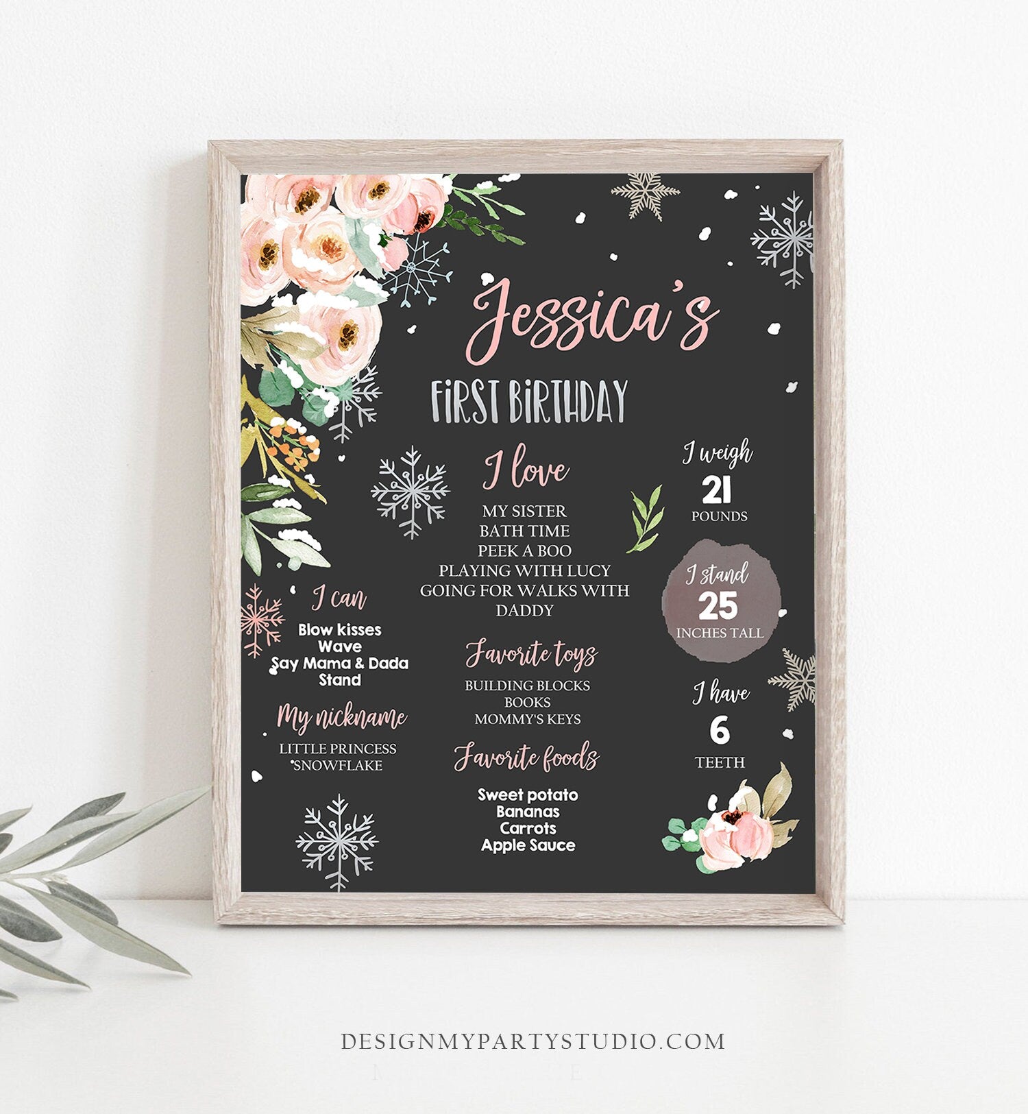 Editable Winter Birthday Milestones Sign Winter Onederland First Birthday Girl Pink Silver Snowflakes Floral Corjl Template Printable 0184