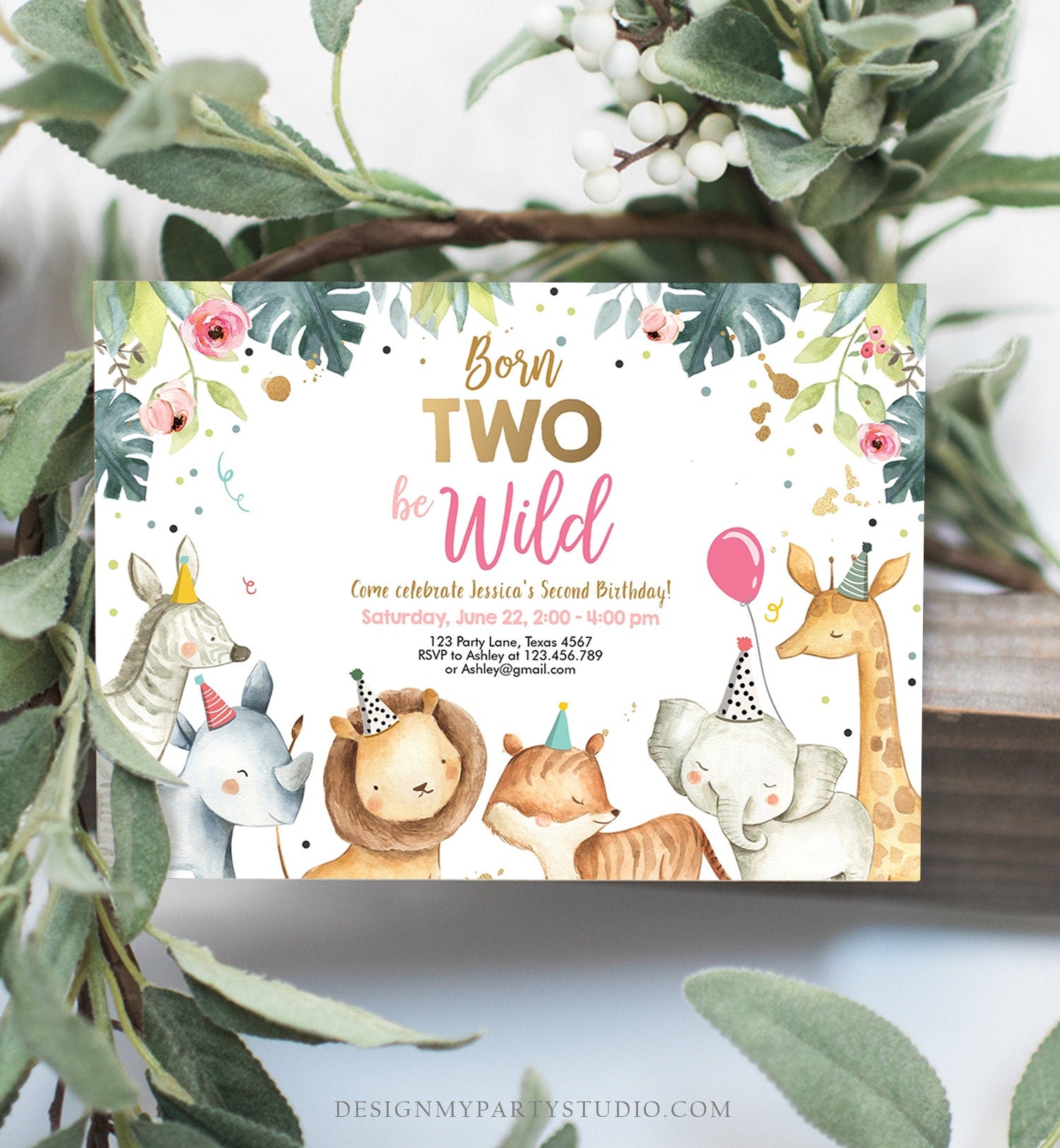 Editable Born Two Be Wild Birthday Invitation Safari Animals Pink Gold Girl Jungle Zoo Second Birthday 2nd Printable Corjl Template 0163