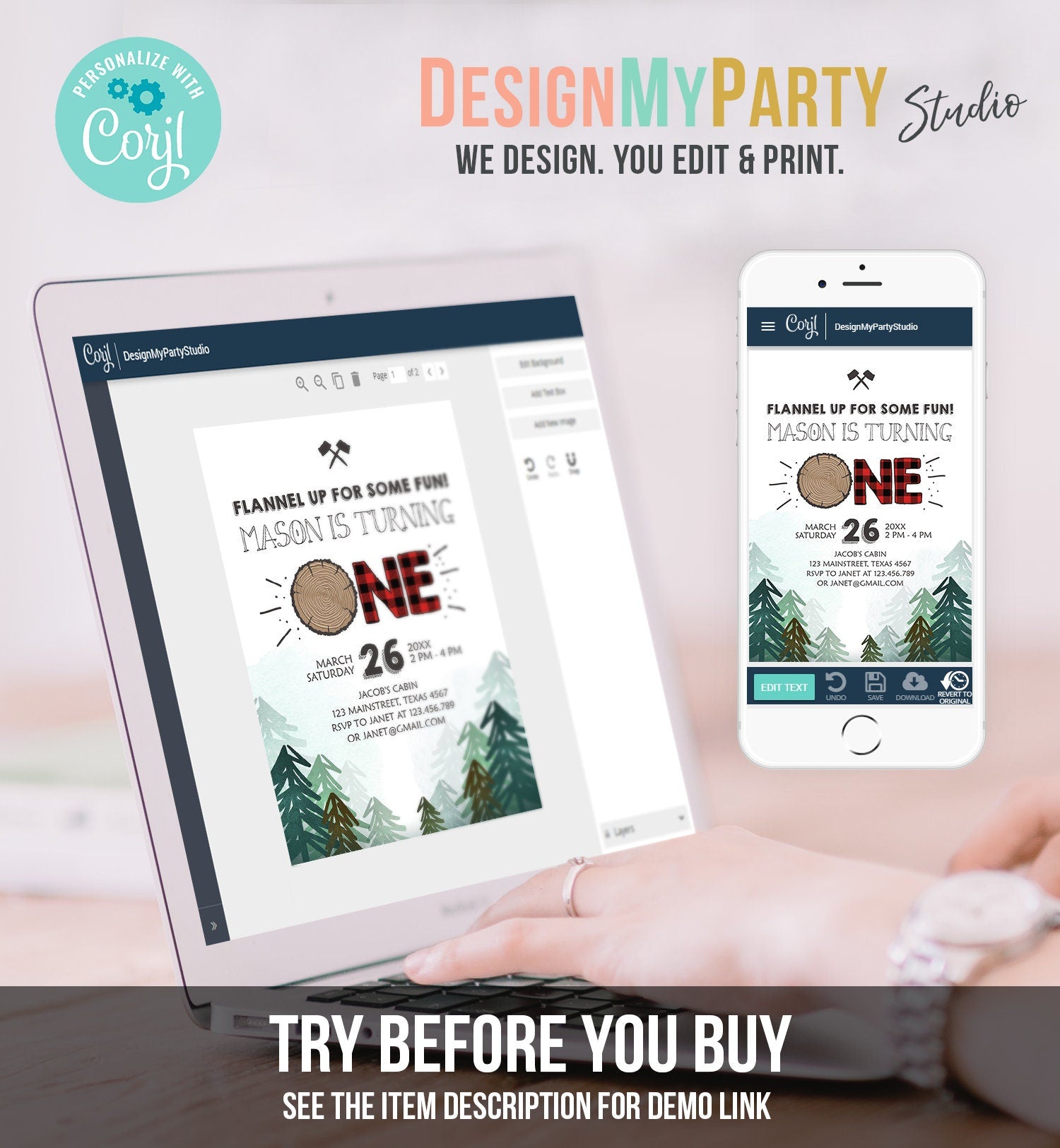 Editable Lumberjack Birthday Invitation First Birthday Woodland Outdoor Camping Party Boy Forest Red Plaid Printable Corjl Template 0377