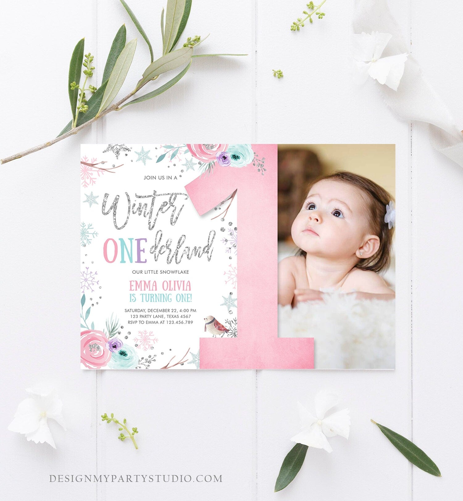 Editable Winter ONEderland Birthday Invitation First Birthday Snowflake Pink Silver Purple Floral Printable Invitation Template Corjl 0256
