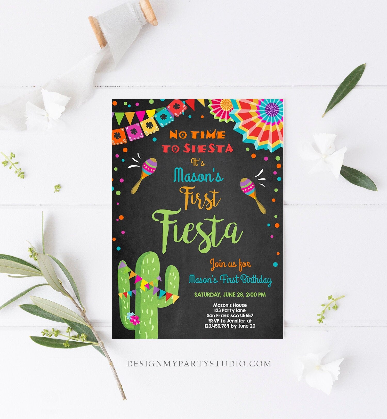Editable First Fiesta Birthday Invitation Let's Fiesta No Time To Siesta Cactus Mexican Boy Samba Download Corjl Template Printable 0045