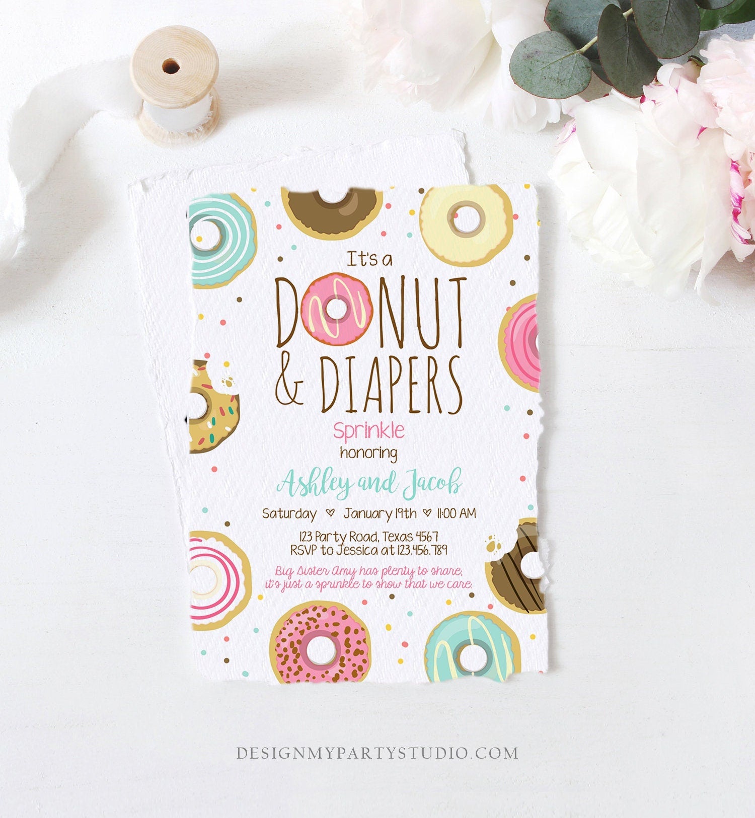 Editable Donut and Diapers Sprinkle Invitation Sprinkled With Love Coed Shower Pink Girl Digital Download Printable Corjl Template 0050