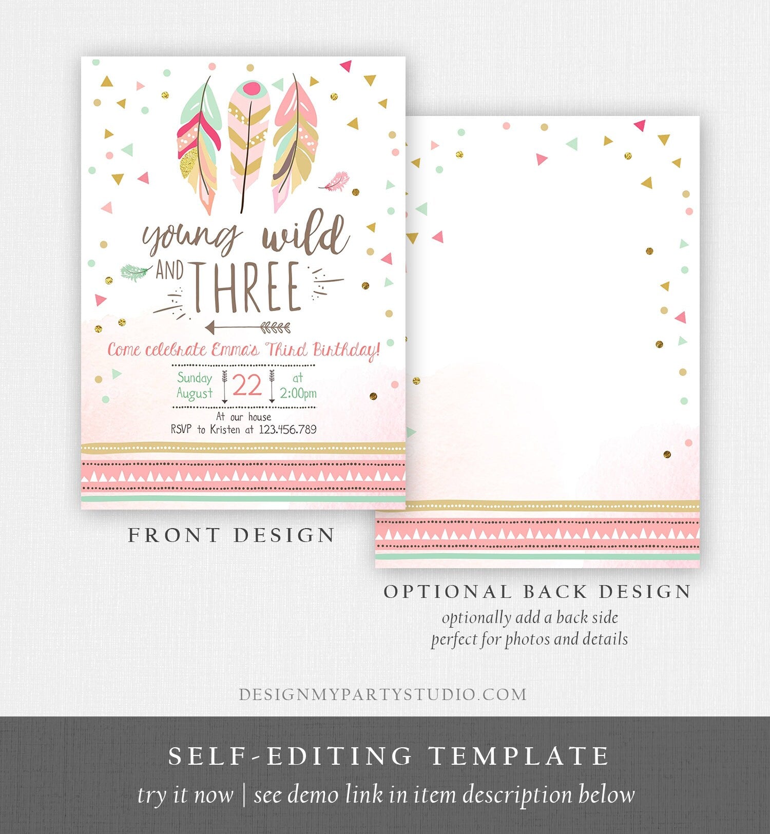 Editable Young Wild and Three Invitation Girl Pink and Gold 3rd Birthday Three Third Boho Digital Download Evite Template Printable 0073