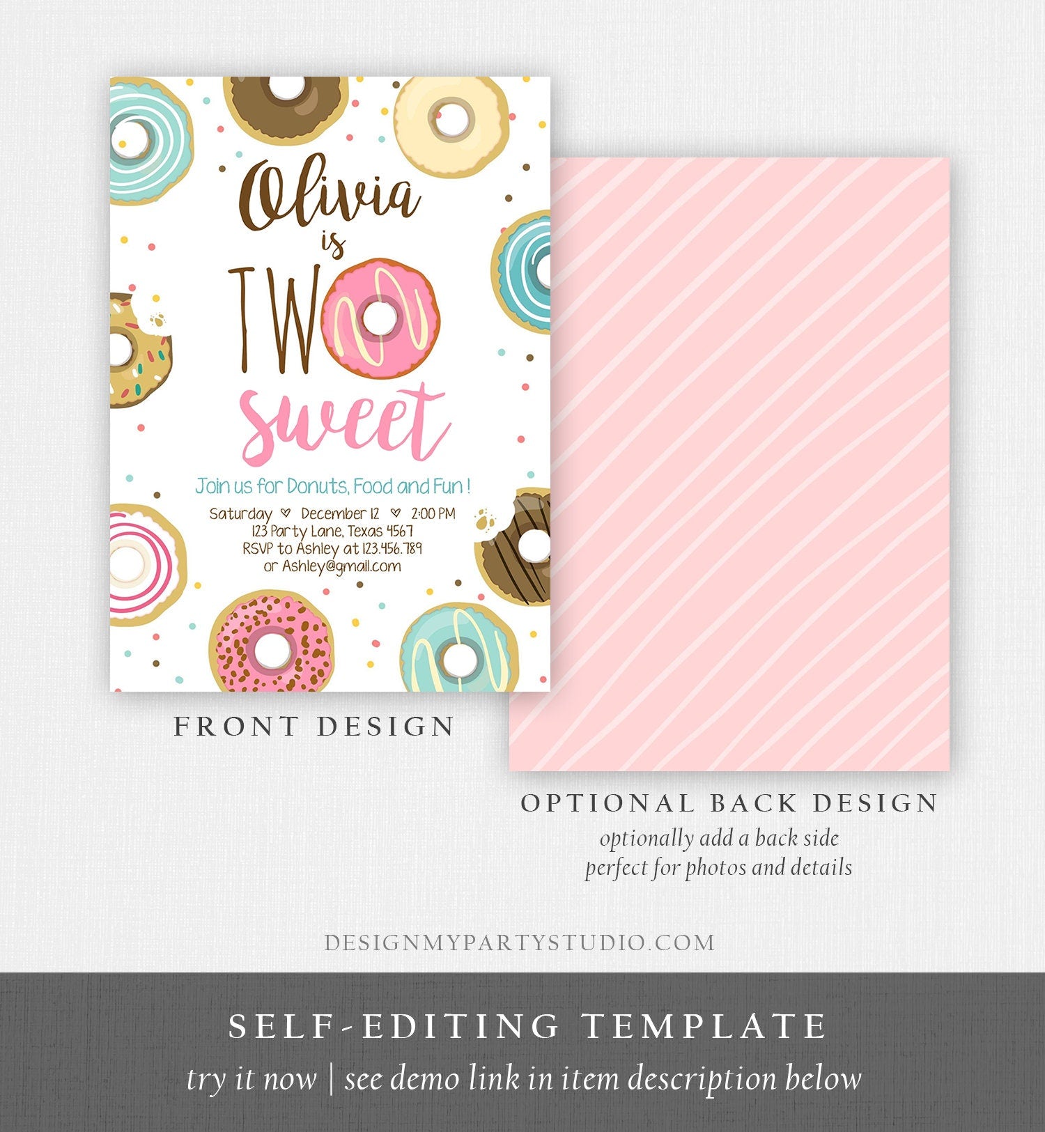 Editable Two Sweet Donut Birthday Invitation Second 2nd Girl Pink Doughnut Party Digital Download Evite Template Printable 0050