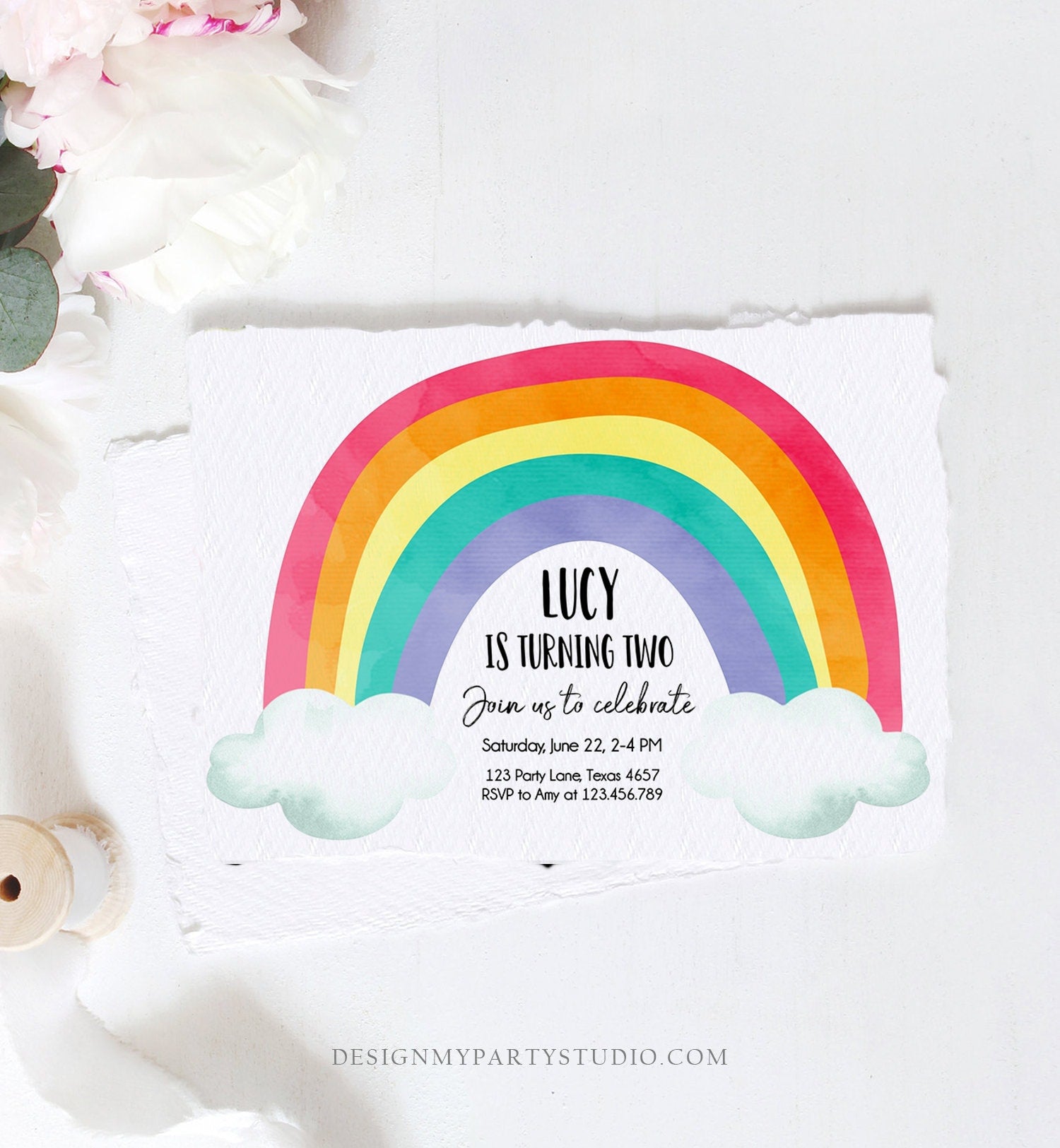 Editable Rainbow Birthday Invitation Kids Girl Boy Neutral Party Clouds Colorful Rainbow Colors Digital Corjl Template Printable 0272
