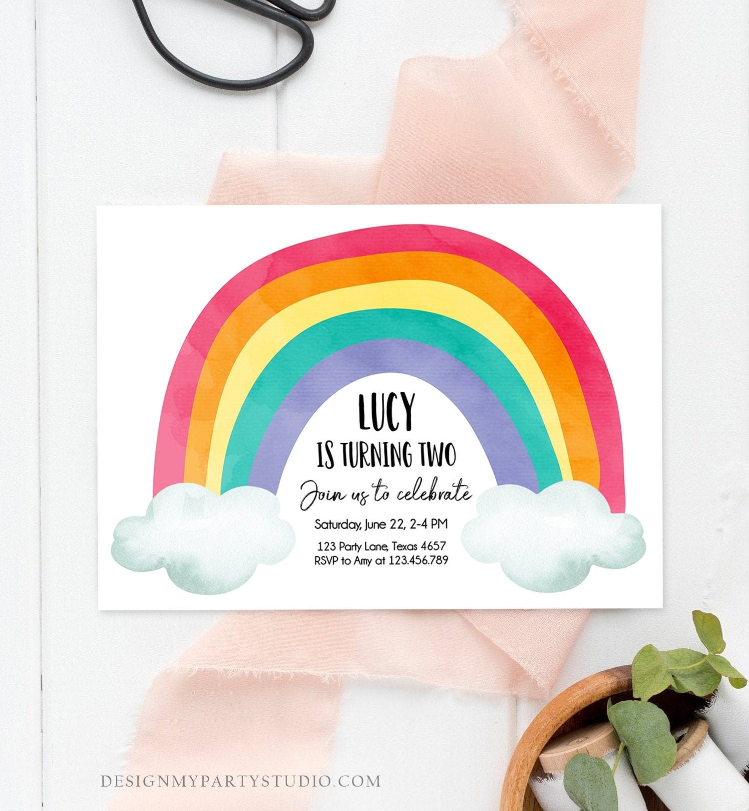 Editable Rainbow Birthday Invitation Kids Girl Boy Neutral Party Clouds Colorful Rainbow Colors Digital Corjl Template Printable 0272