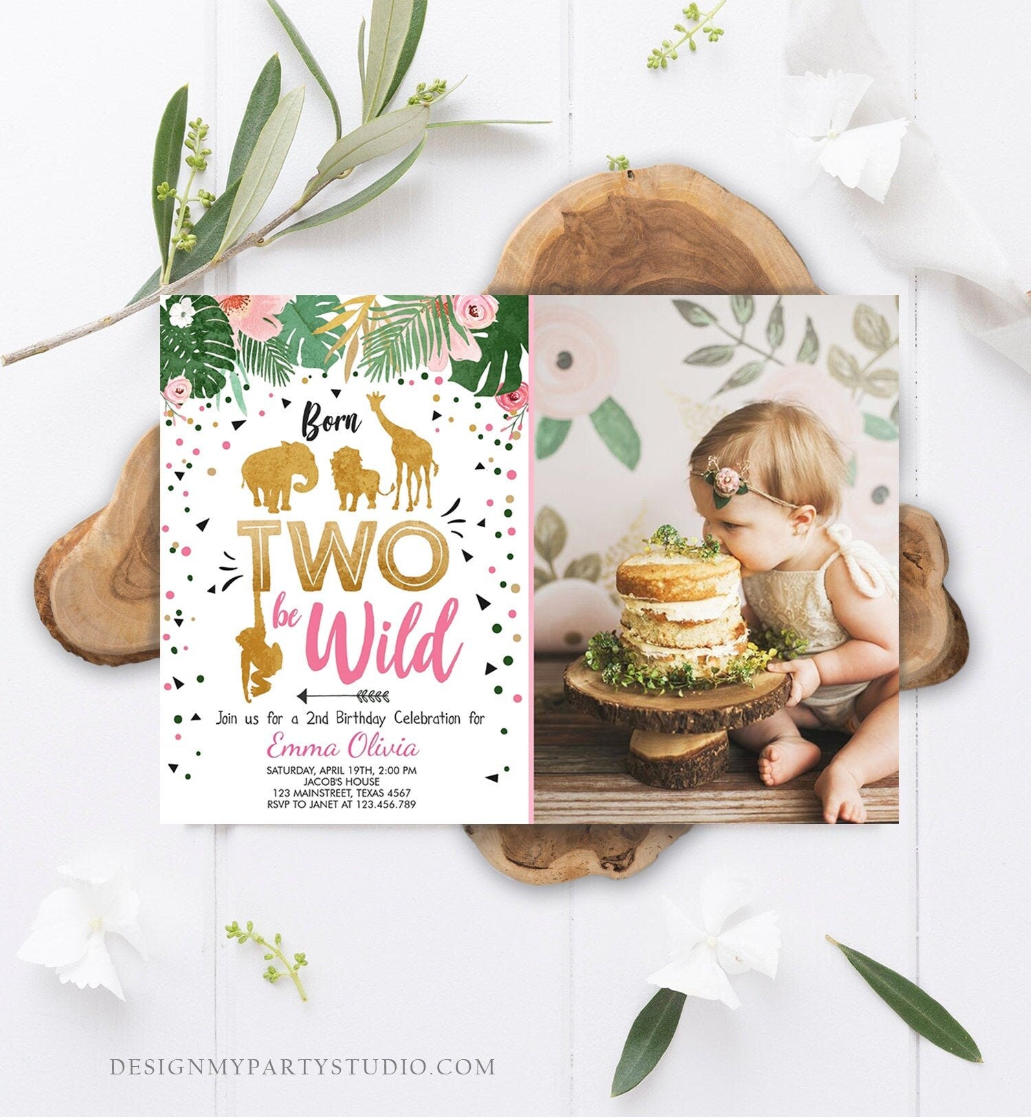 Editable Born Two Be Wild Birthday Invitation Girl Pink Gold Safari Animals Jungle Zoo Second Birthday 2nd Printable Corjl Template 0016