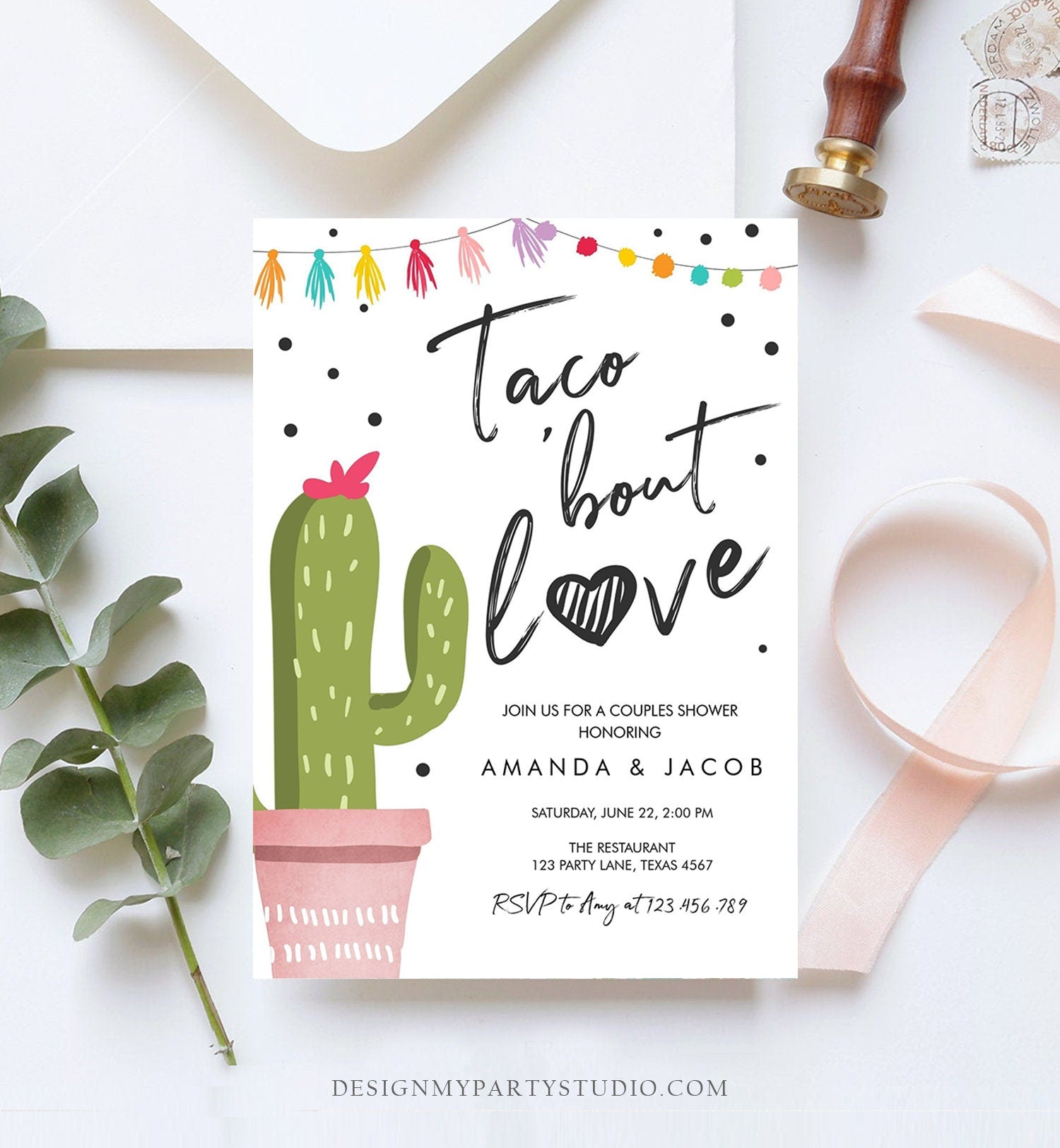 Editable Taco Bout Love Fiesta Couples Shower Invitation Cactus Succulent Green Pink Confetti Digital Download Evite Template Printable 0254