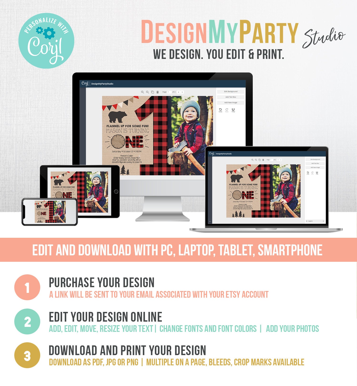 Editable Lumberjack Birthday Invitation First Birthday 1st Boy Woodland Bear Forest Red Black Plaid Rustic Digital Template Printable 0026