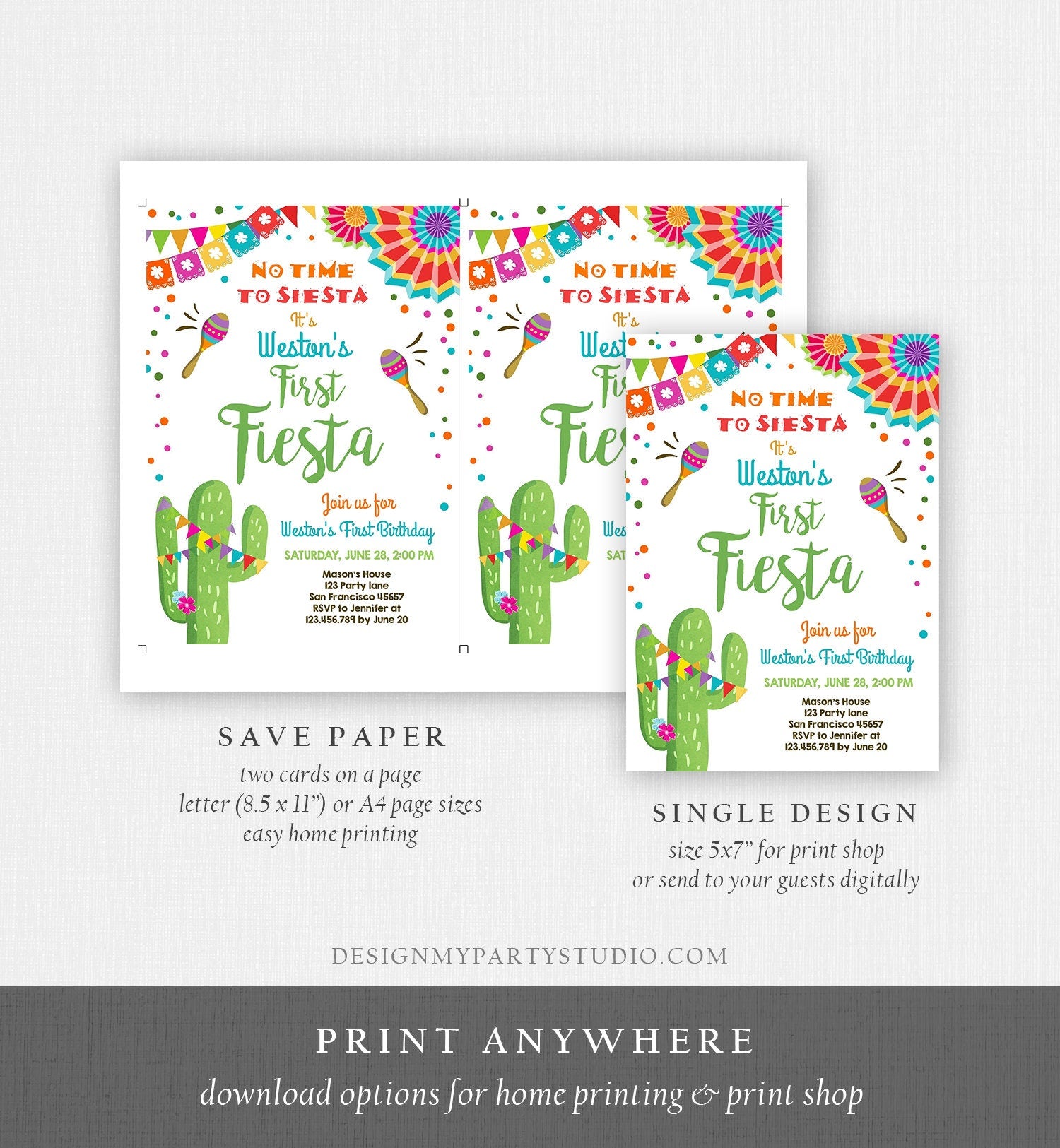 Editable First Fiesta Birthday Invitation Let's Fiesta No Time To Siesta Cactus Mexican Boy Cactus Digital Download Template Printable 0045