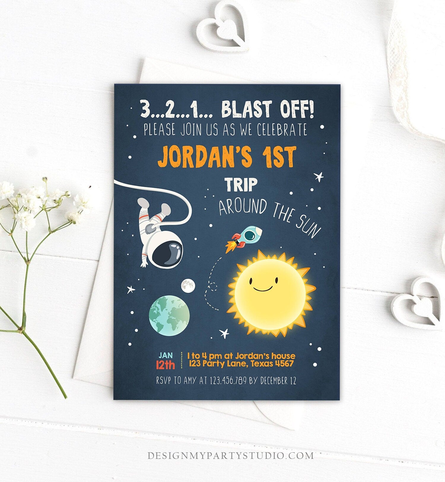 Editable Outer Space Birthday Invitation Rocket Astronaut Birthday First Trip Blast Off Download Printable Template Digital Corjl 0046