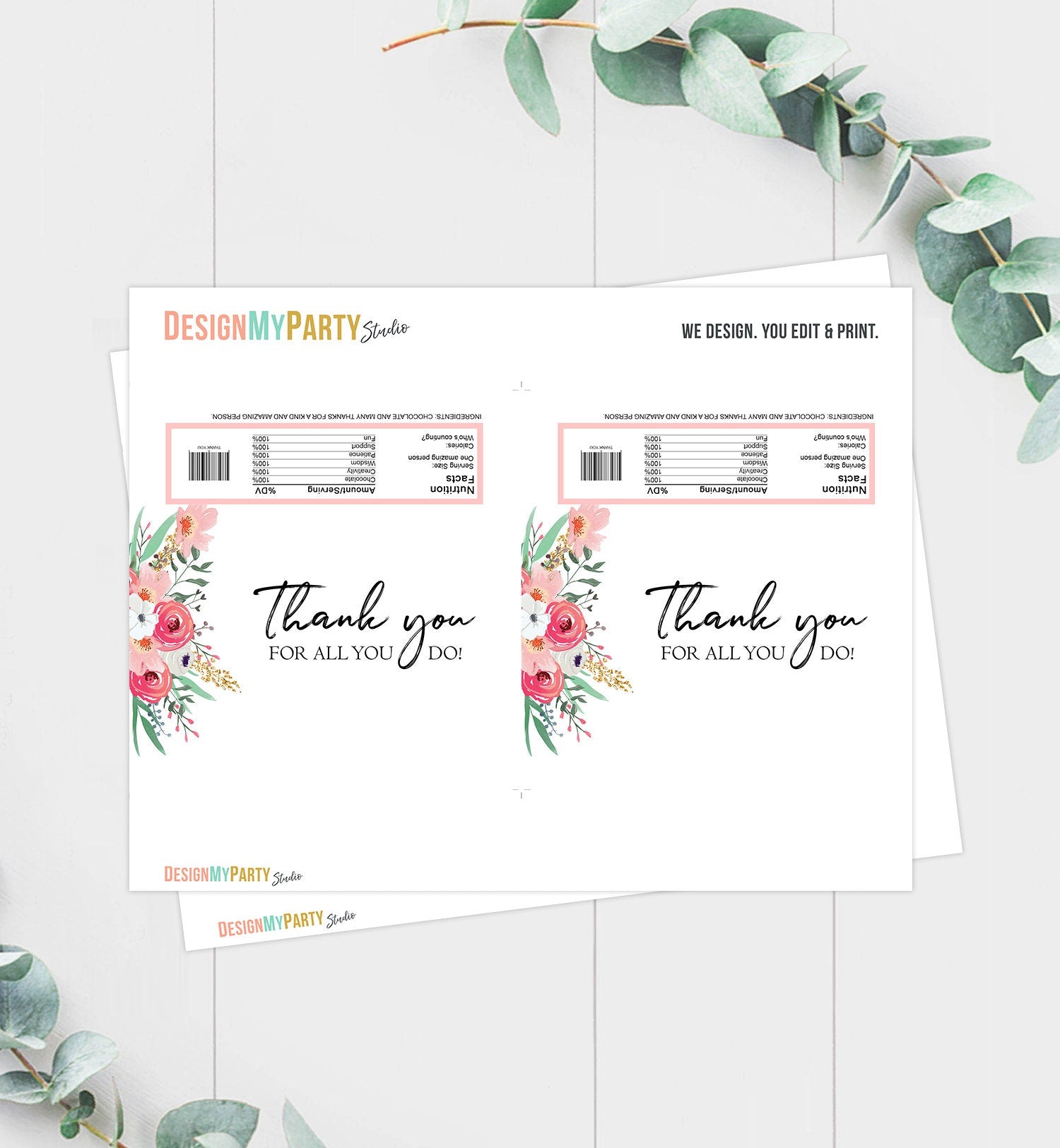Thank You Candy Bar Wrappers Teacher Employee Appreciation Gift Floral Gold Pink Chocolate Bar Digital Download Printable 0464