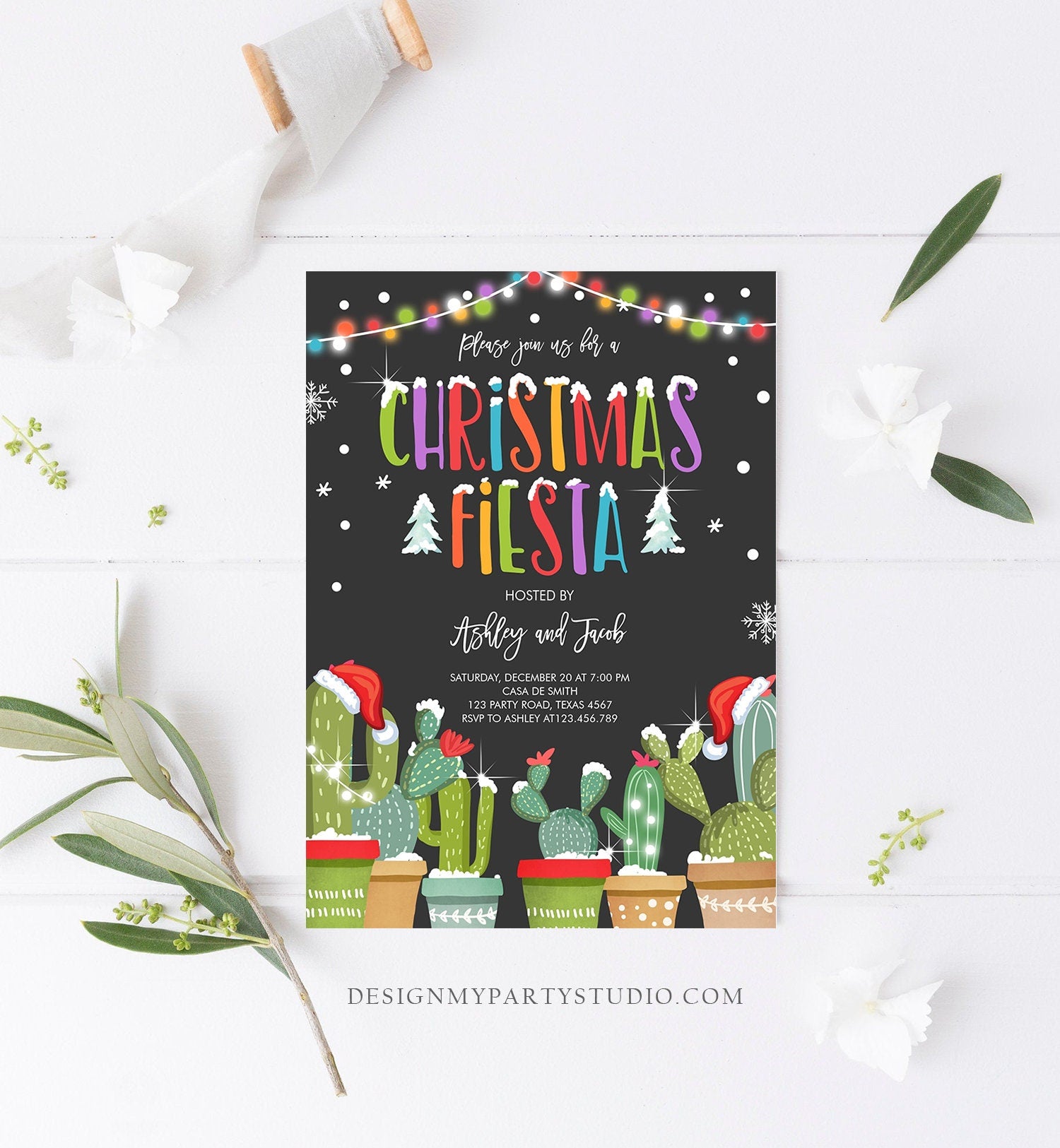 Editable Christmas Fiesta Invitation Cactus Mexican Holiday Fiesta Invite Christmas Party Mexican Digital Download Template Printable 0273