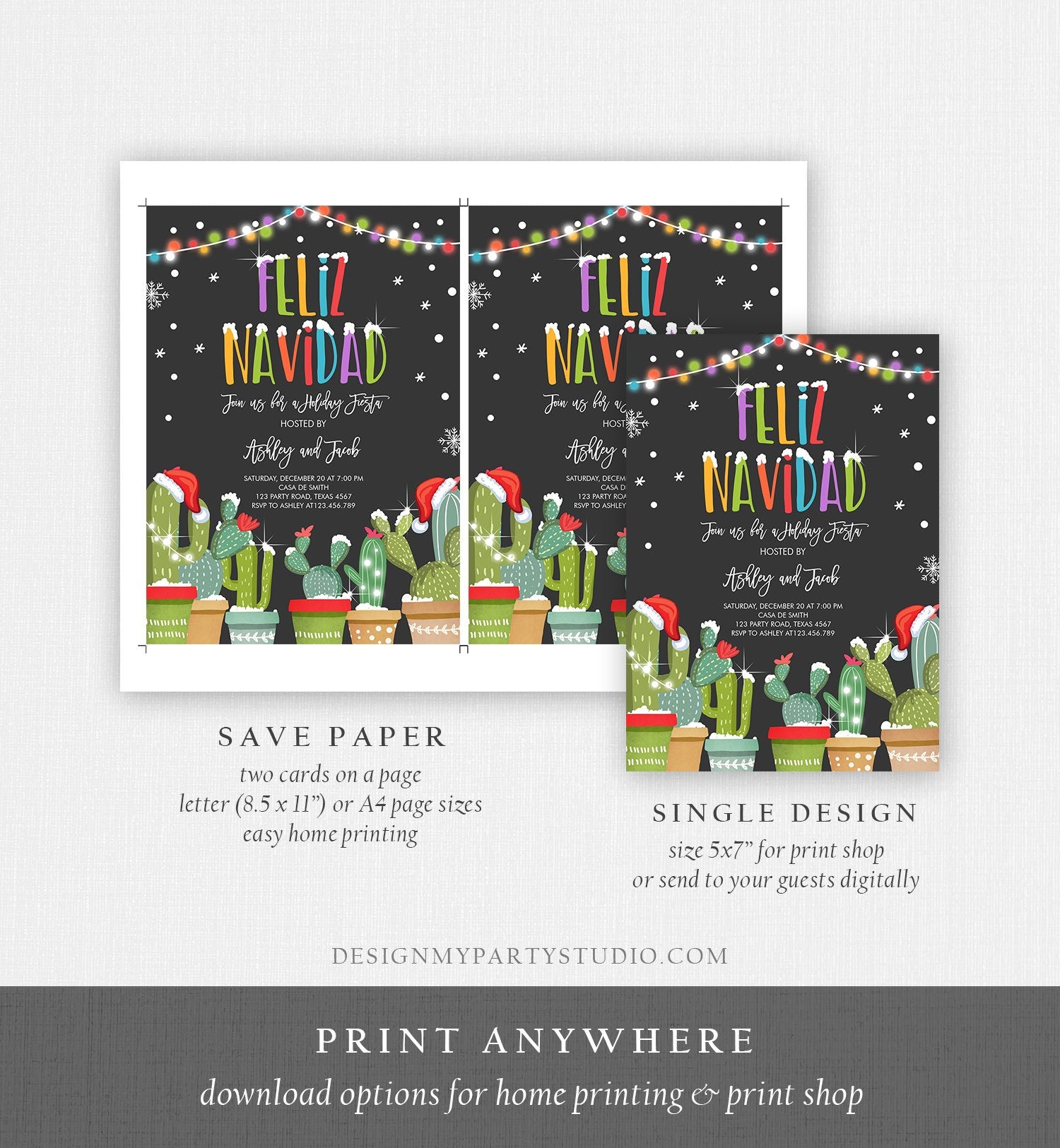 Editable Feliz Navidad Christmas Fiesta Invitation Cactus Mexican Holiday Fiesta Xmas Party Digital Download Evite Template Printable 0273