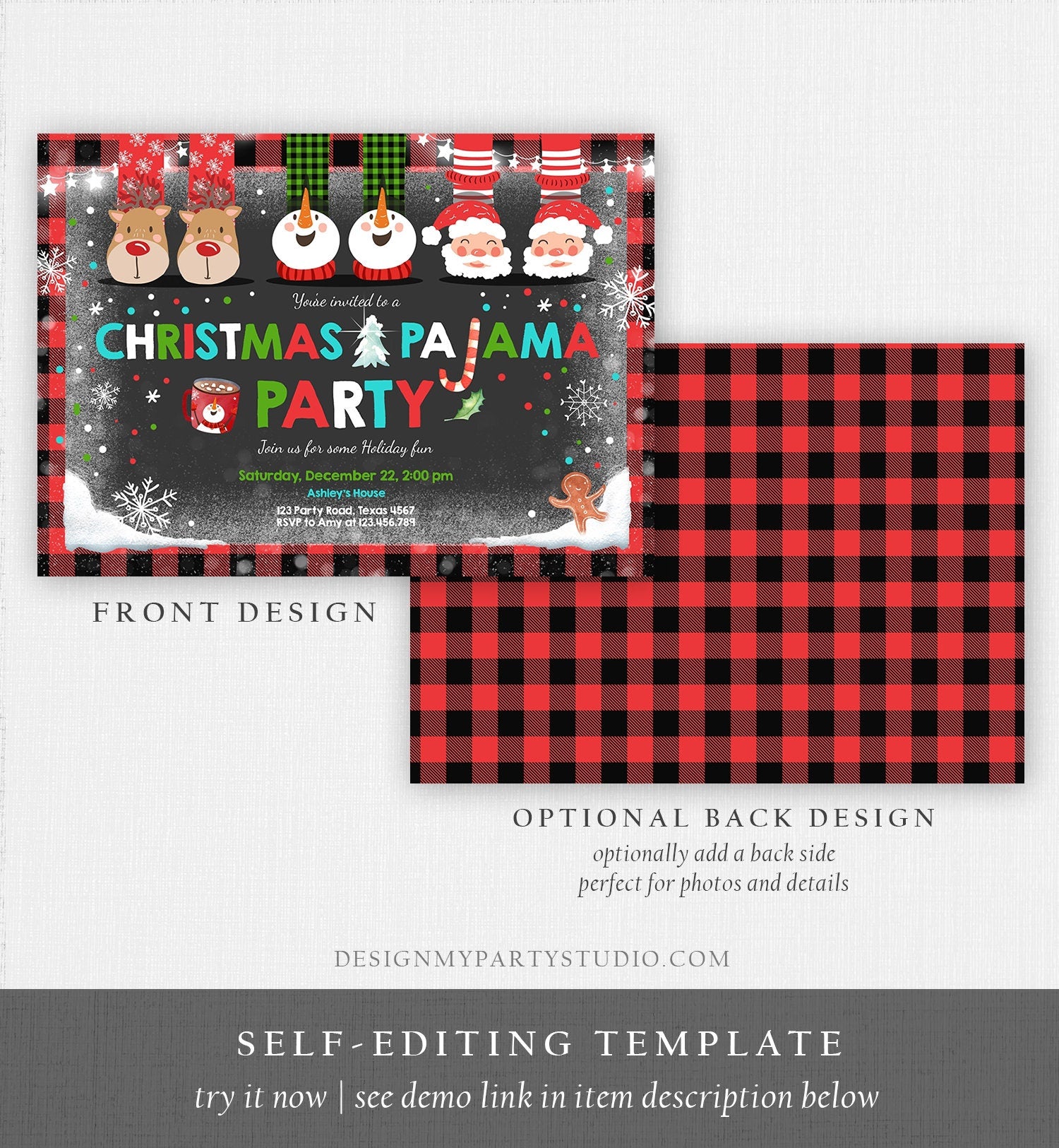 Editable Christmas Pajama Party Christmas Birthday Invitation Pancake Plaid Party Sleepover Digital Download Evite Template Printable 0274