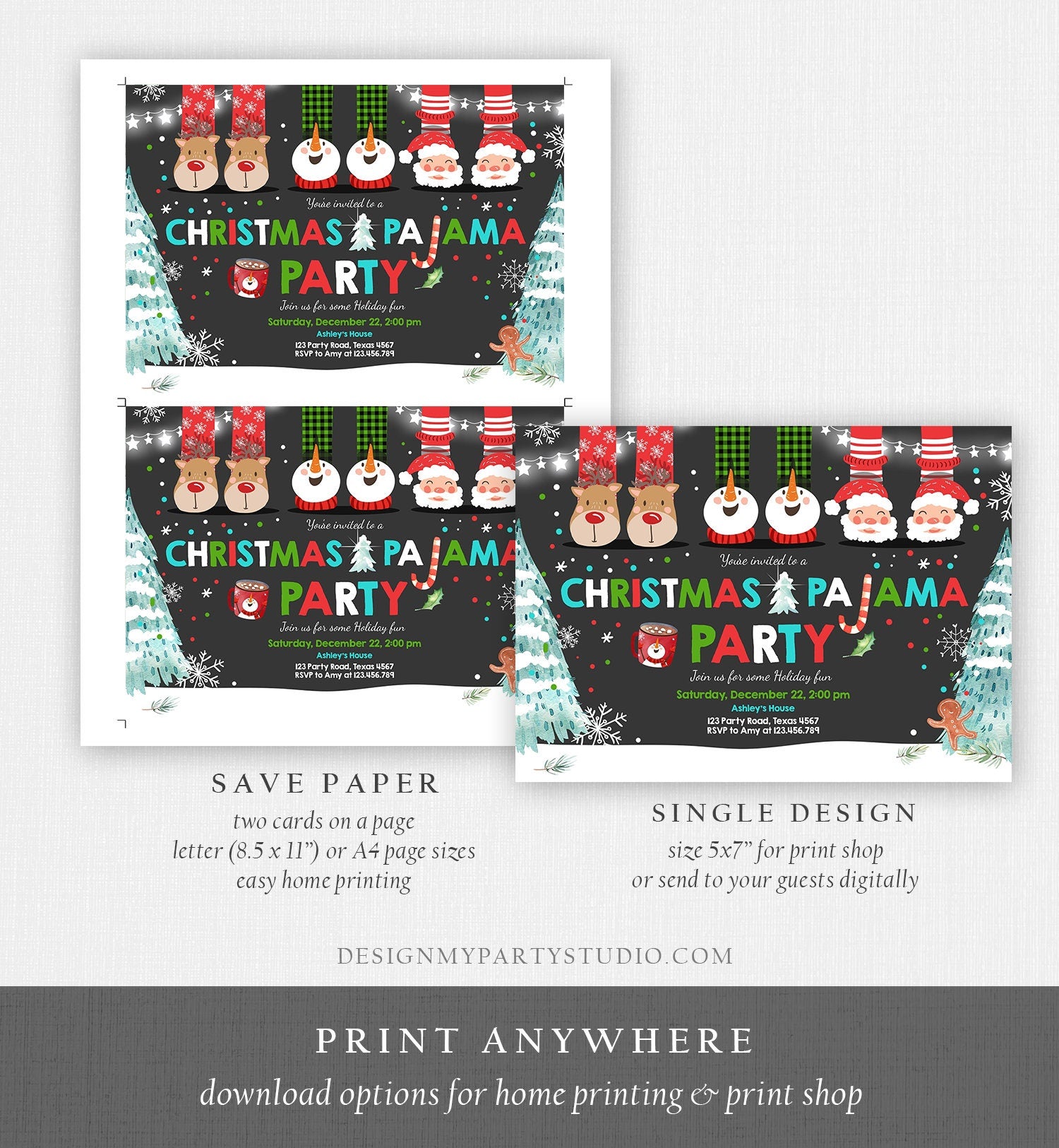 Editable Christmas Pajama Party Christmas Birthday Invitation Pancakes Xmas Party Sleepover Digital Download Evite Template Printable 0274