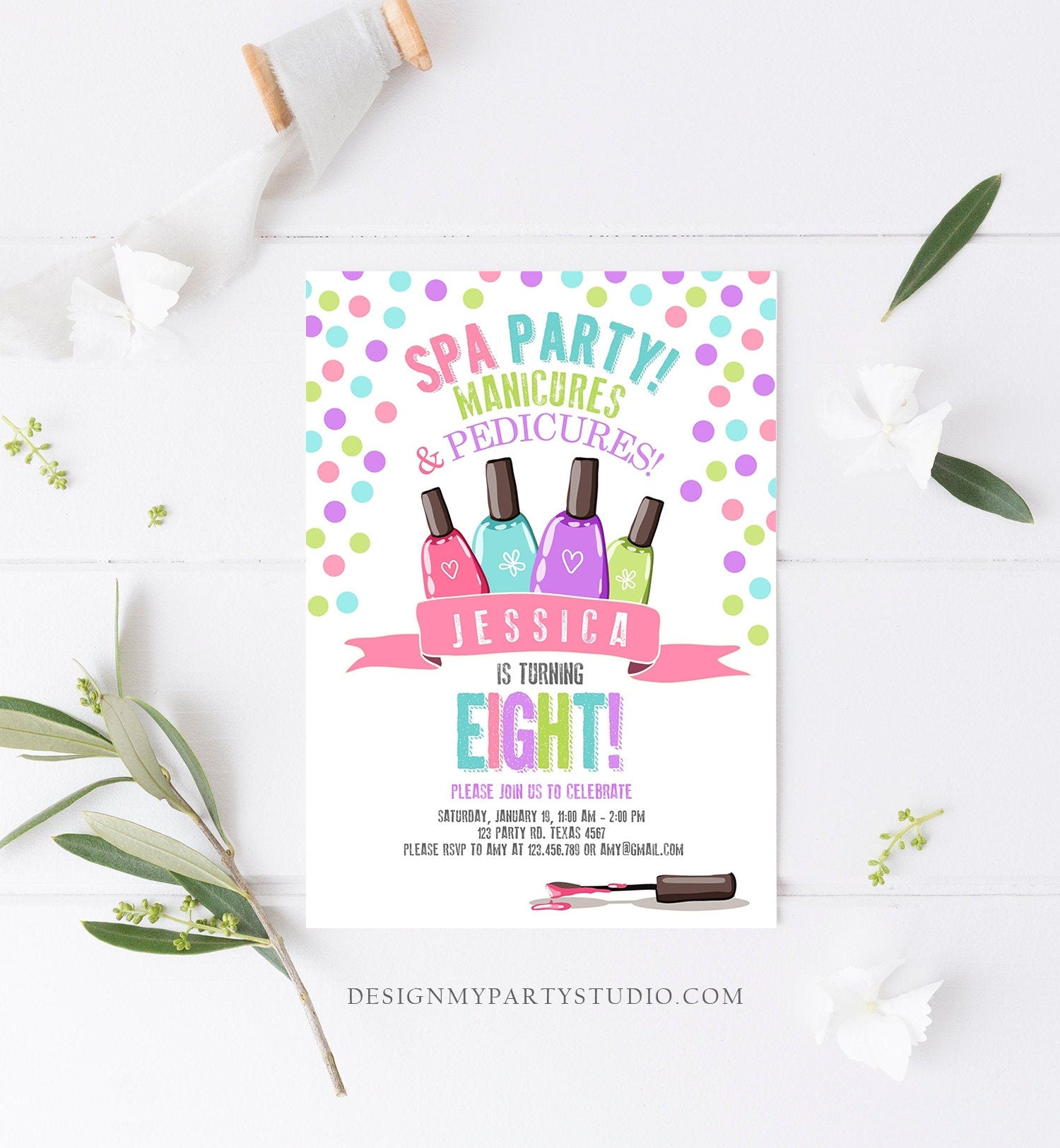 Editable Spa Birthday Invitation Manicures Pedicure Nail Salon Party Pink Purple Girl Instant Download Printable Corjl Template Digital 0210