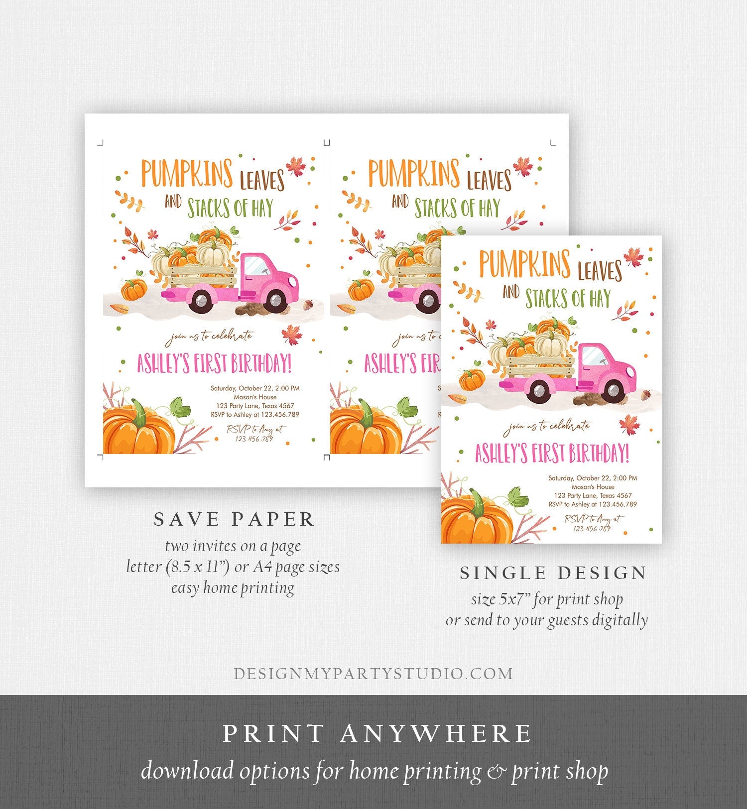 Editable Pumpkin Birthday Invitation Girls Fall Girl Pumpkin Truck Birthday Party Pink Orange Download Evite Template Corjl Printable 0153