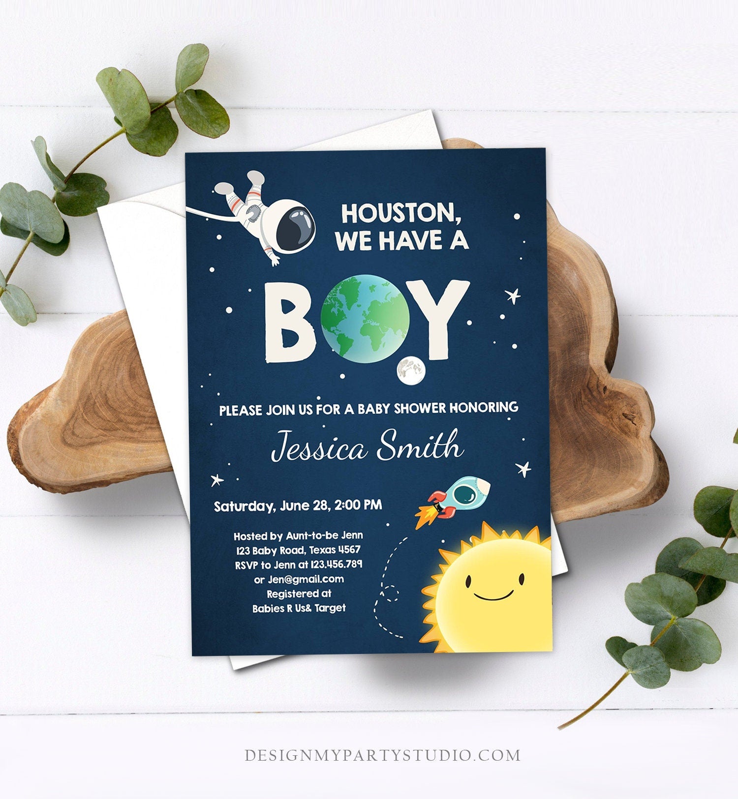 Editable Space Baby Shower Invitation Astronaut Rocket It's a Boy Space Ship Boy Blue Digital Download Template Printable 0046