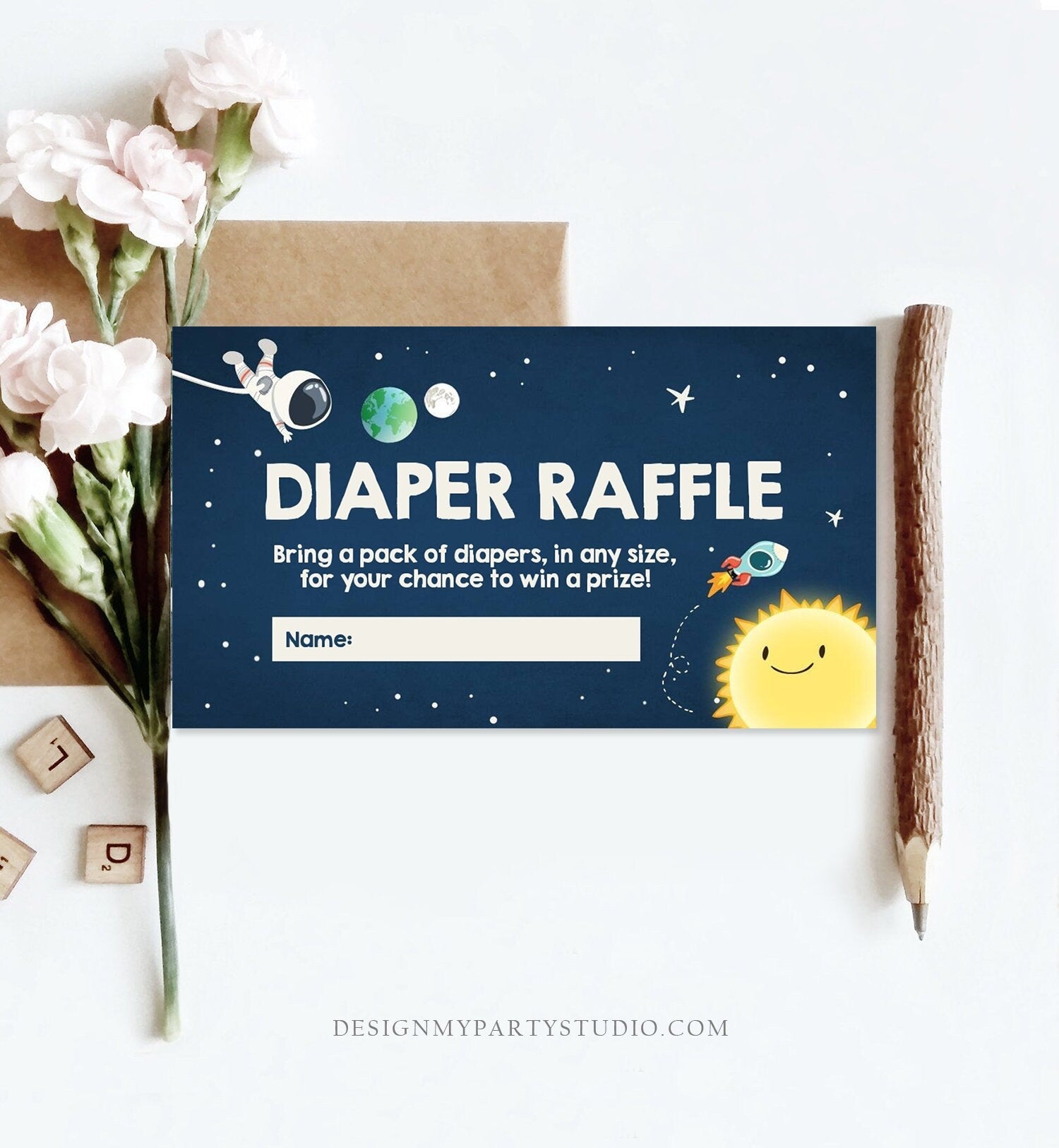 Editable Space Diaper Raffle Ticket Outer Space Baby shower Diaper Game Astronaut Diaper Ticket Shower Game Template PRINTABLE Corjl 0046
