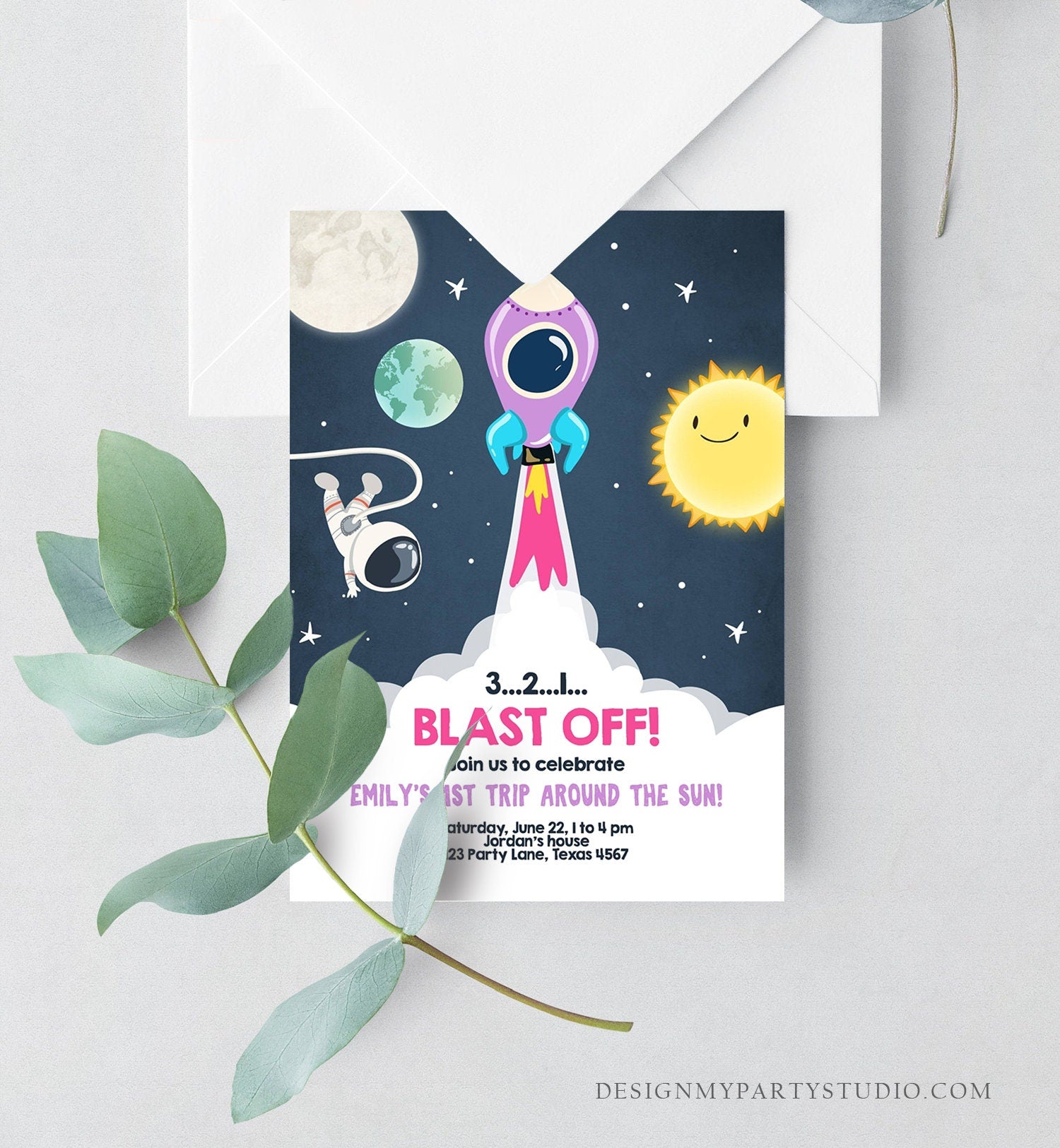 Editable Outer Space Birthday Invitation Girl Rocket Astronaut Space Ship Blast Off Download Printable Template Digital Corjl 0046