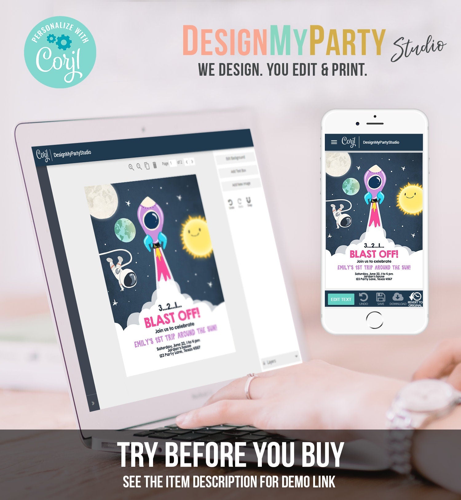 Editable Outer Space Birthday Invitation Girl Rocket Astronaut Space Ship Blast Off Download Printable Template Digital Corjl 0046