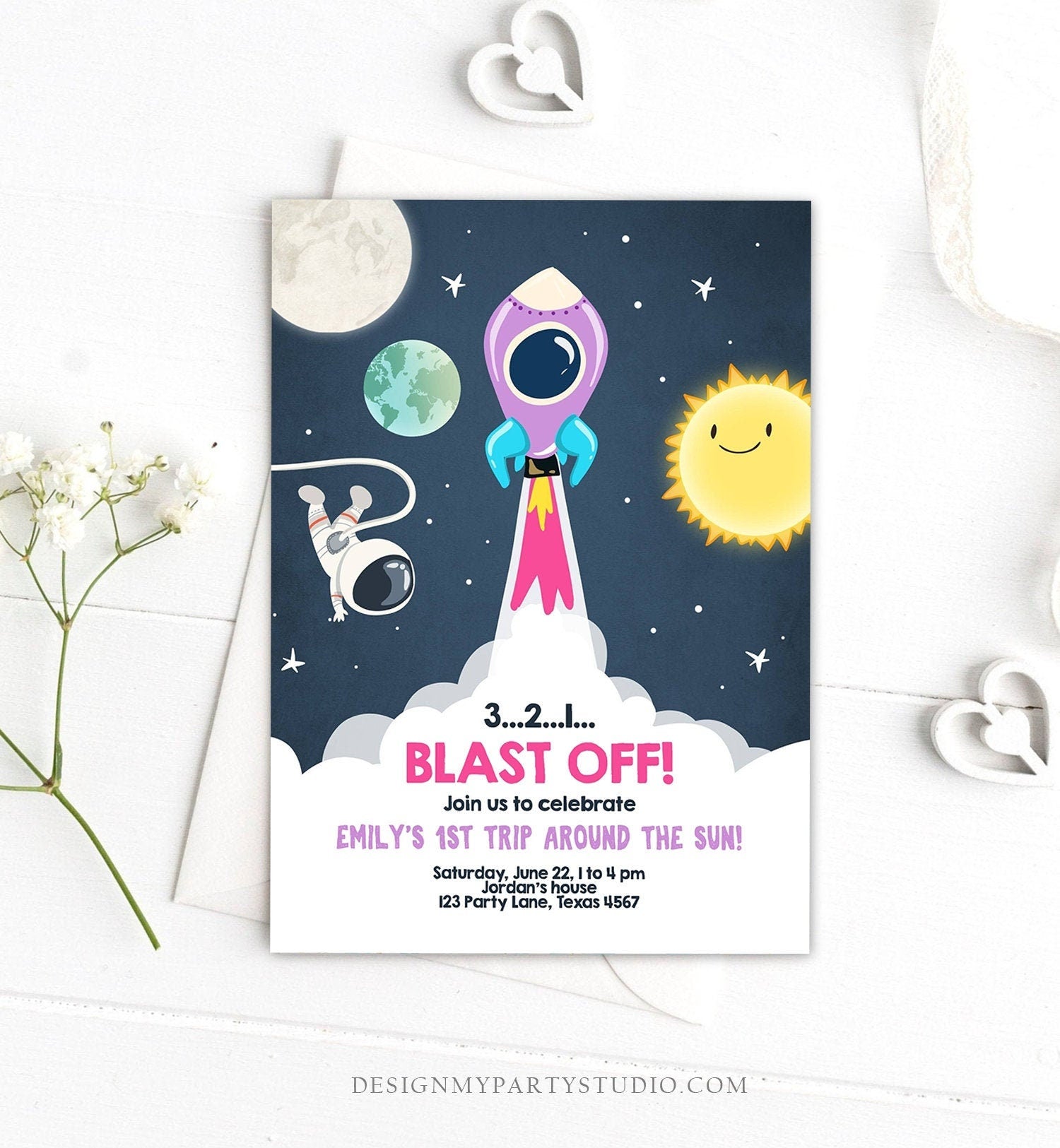 Editable Outer Space Birthday Invitation Girl Rocket Astronaut Space Ship Blast Off Download Printable Template Digital Corjl 0046