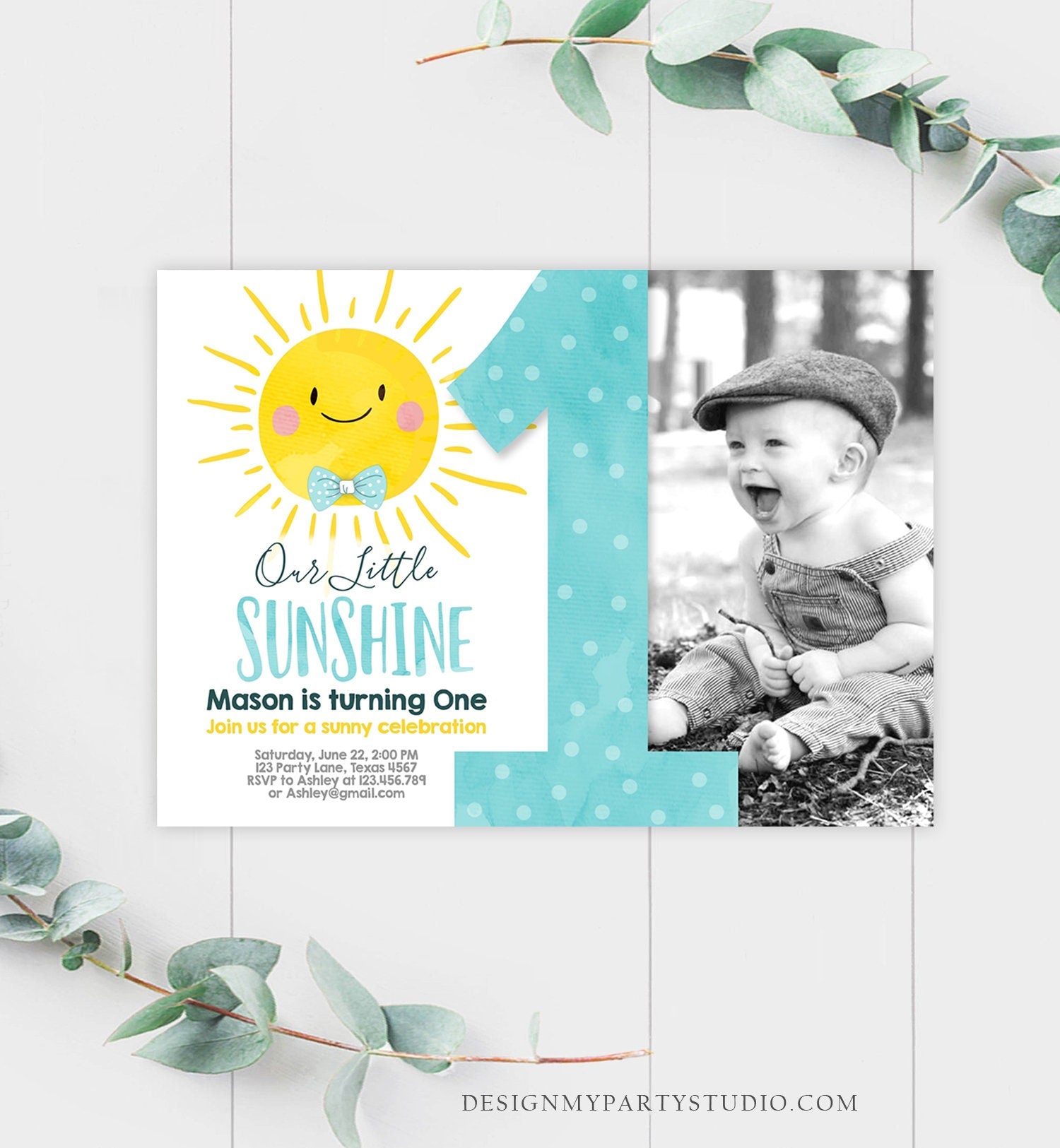 Editable Our Little Sunshine Birthday Invitation Boy Sunshine Party Blue Summer 1st First Birthday Digital Download Template Printable 0141