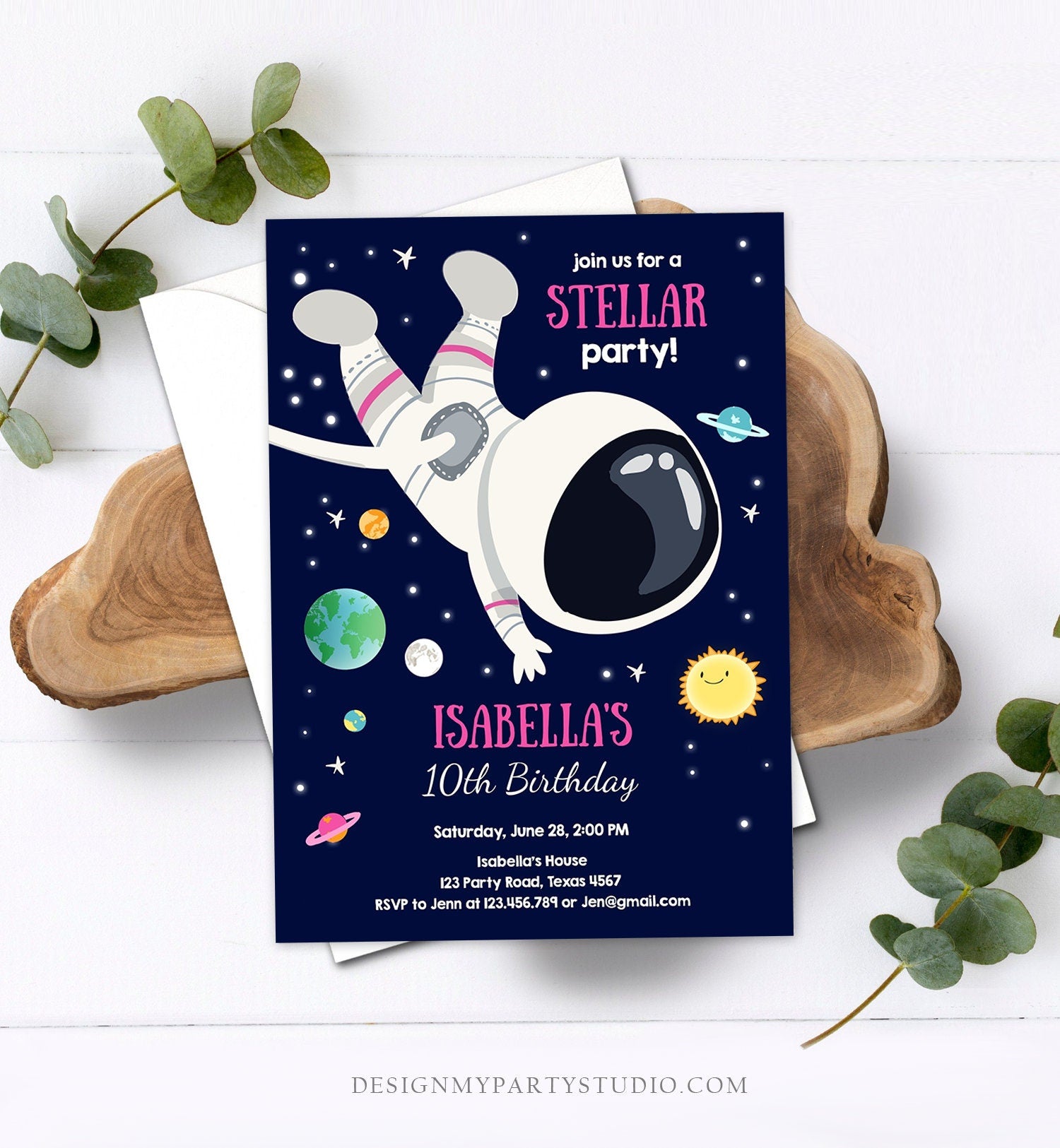 Editable Girl Space Birthday Party Invitation Outer Space Galaxy Planets and Stars Girly Digital Download Evite Template Printable 0259