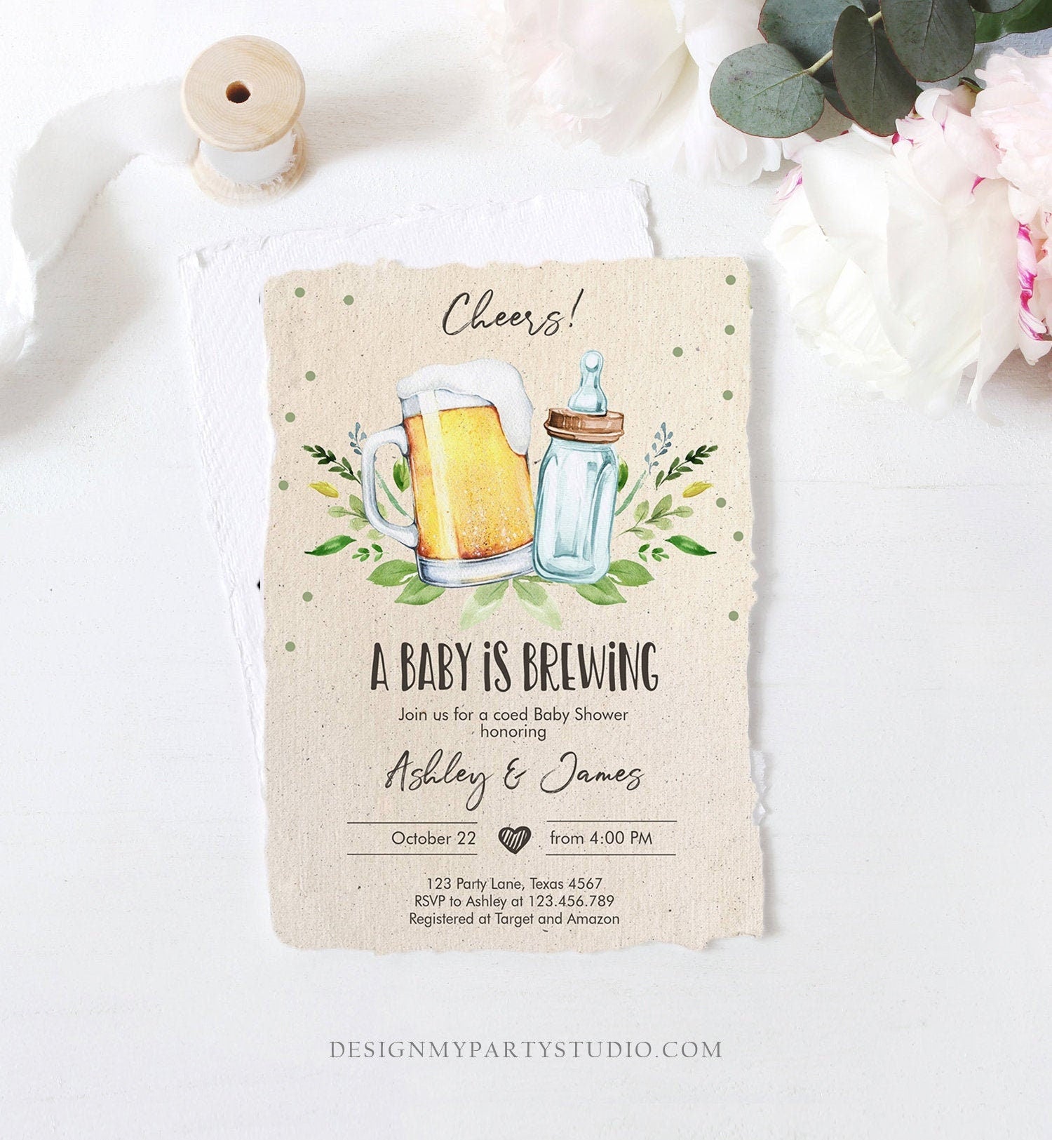 Editable A Baby is Brewing Invitation Bottle and Beers Baby Shower Cheers Coed Couples Shower Download Corjl Template Printable 0190