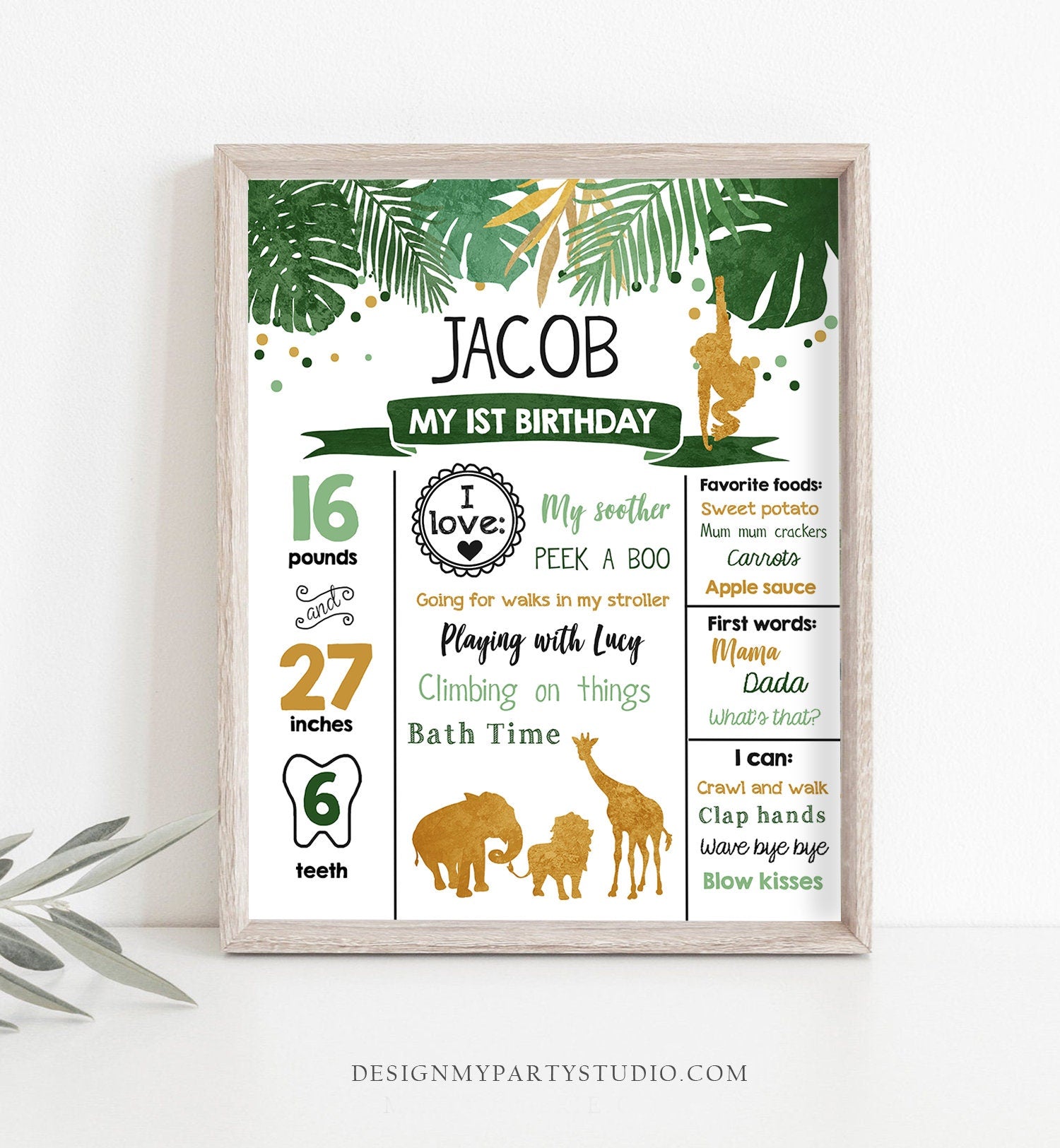 Editable Safari Animals Birthday Milestones Sign Wild One First Birthday Zoo Jungle Party 1st Wild Boy Gold Corjl Template Printable 0016
