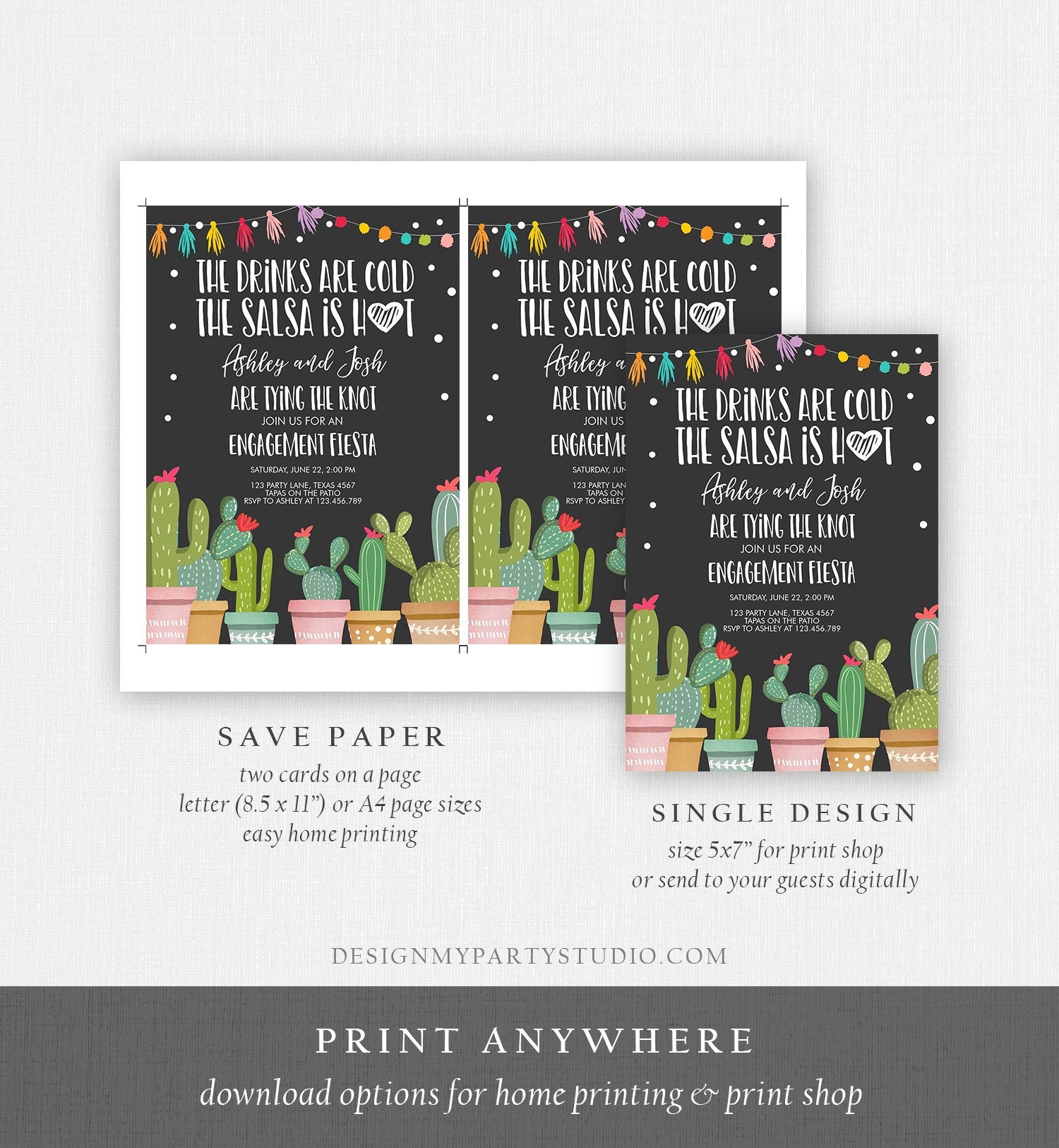 Editable Fiesta Engagement Invitation Bridal Shower Couples Cactus Drinks Cold Salsa is Hot Tying Knot Digital Template Printable 0254