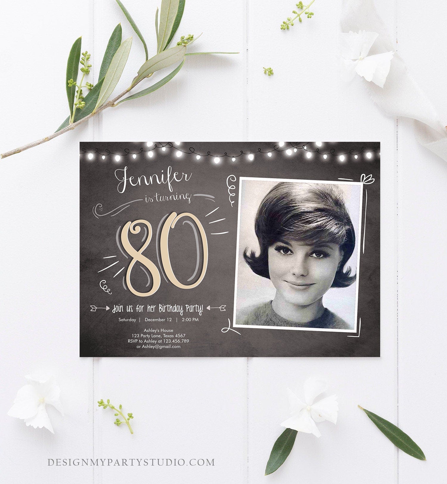 Editable 80th Birthday Invitation Chalkboard Rustic Adult Surprise Birthday Party Eighty Photo Download Corjl Template Printable 0230