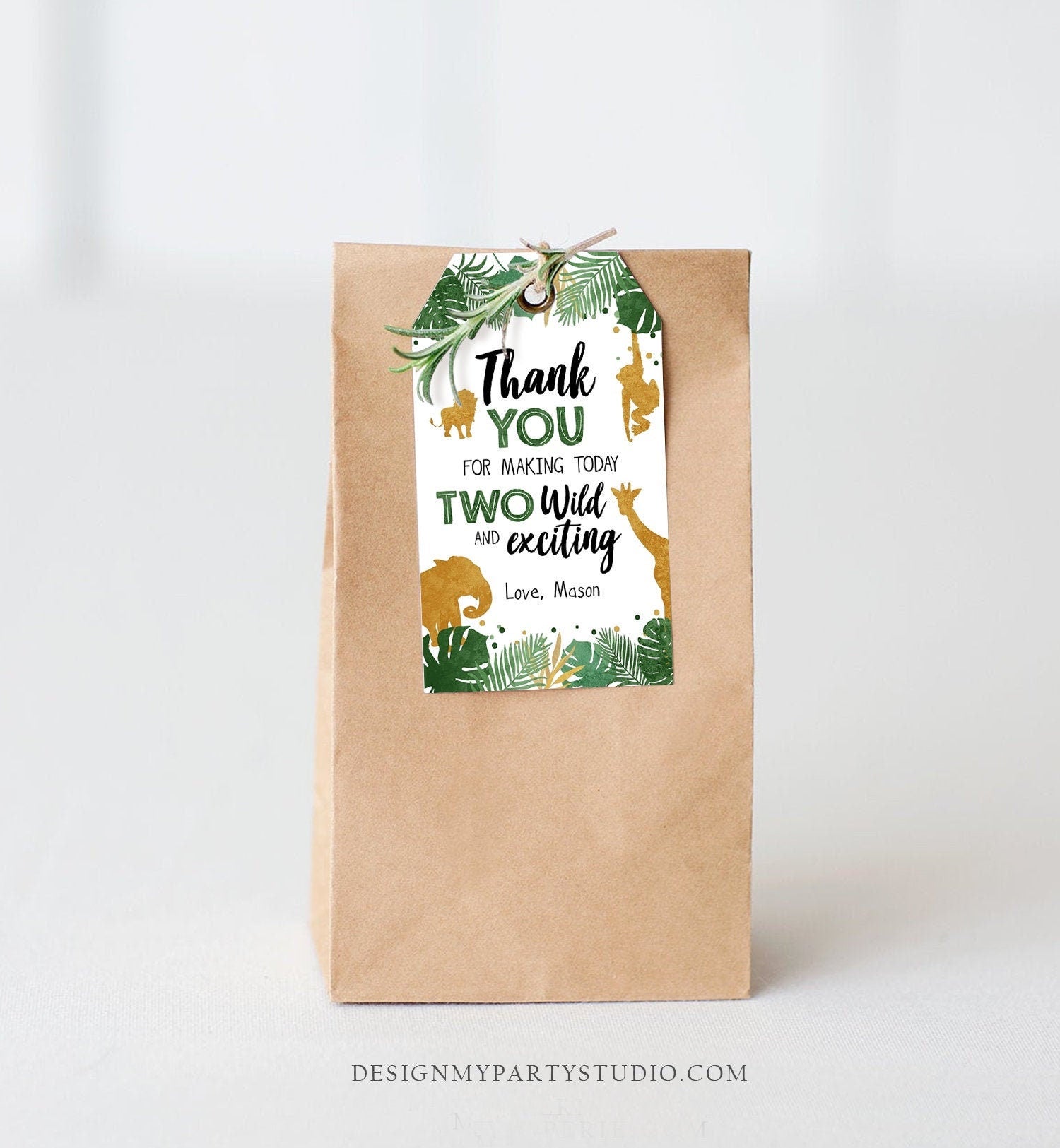 Editable Two Wild Safari Animals Favor Tags Second Birthday Jungle Zoo Animals Thank You Tag Boy Green Gold Corjl Template Printable 0016