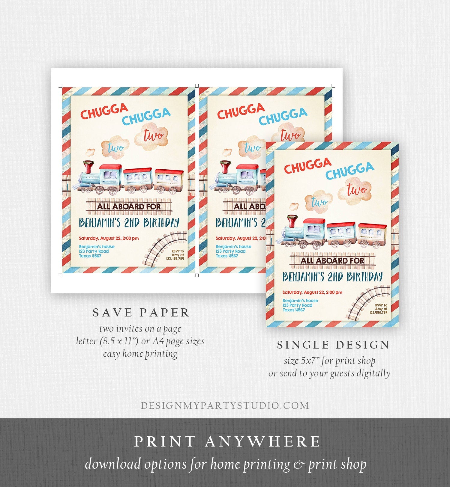 Editable Chugga Chugga Two Two Train Birthday Invitation Vintage Choo Choo Train Party Train Digital Download Template Printable 0149