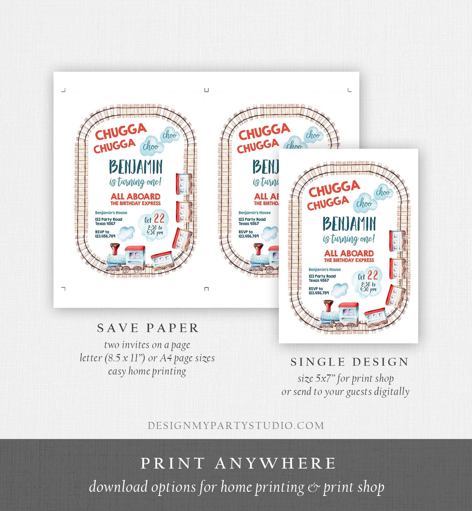 Editable Train Birthday Invitation Vintage Train Party Train Invitation Chugga Choo All Aboard Boy Digital Evite Template Printable 0149