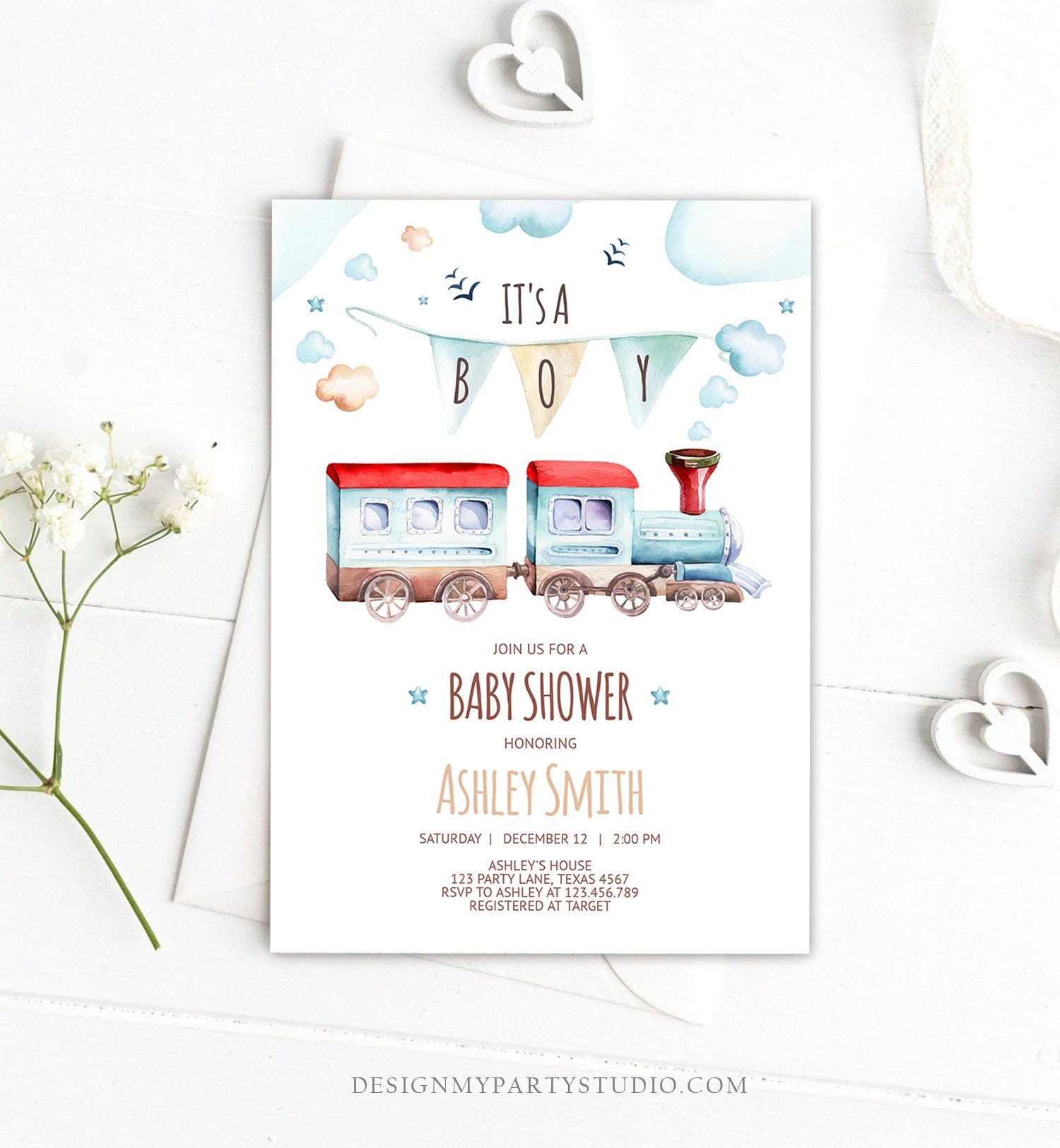 Editable Vintage Train Baby Shower Invitation Red Blue Vintage Chugga Chugga Choo Choo It's a Boy Clouds Digital Template Printable 0149