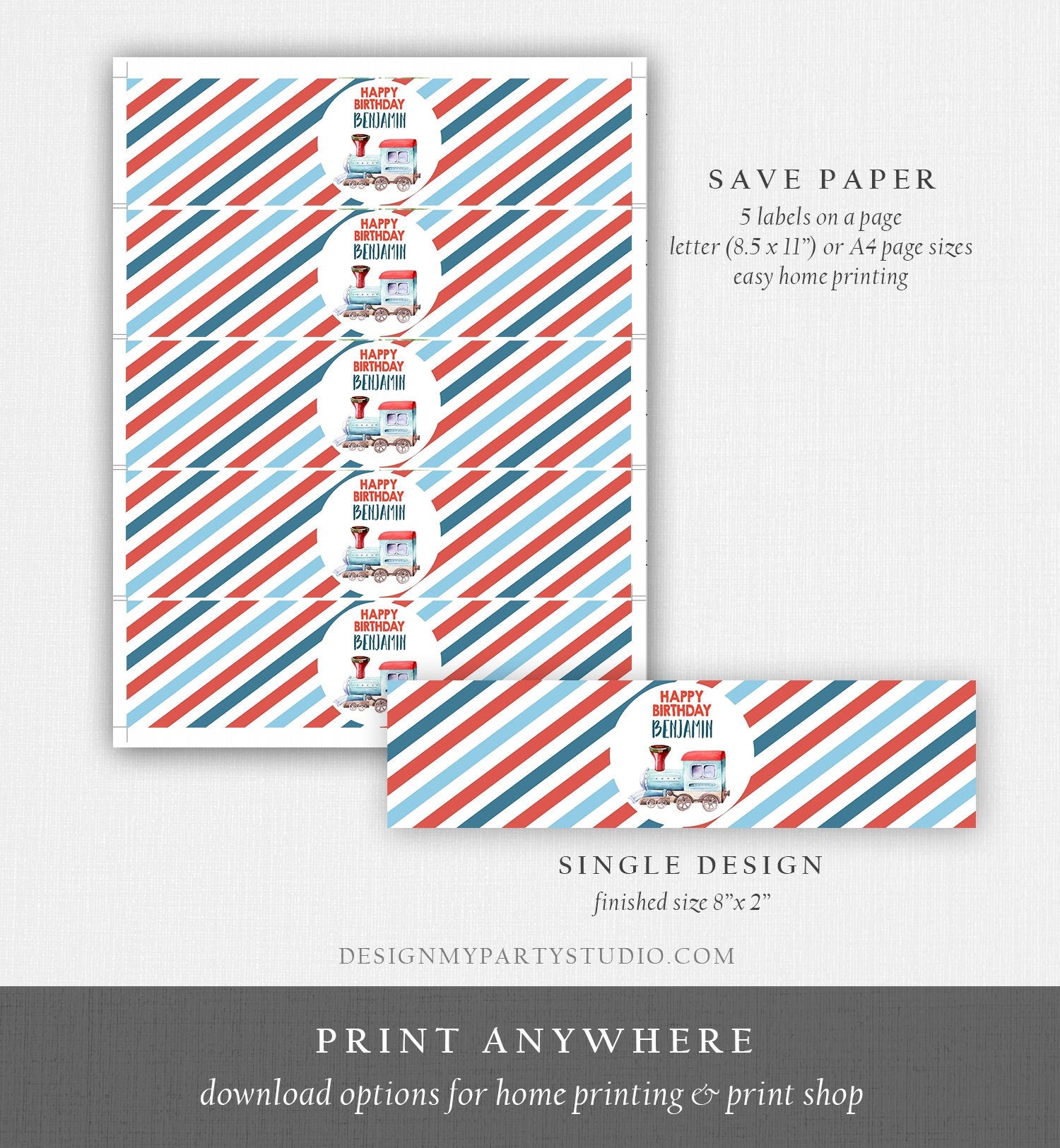 Editable Train Birthday Water Bottle Labels Boy Train Party Decor Red Bottle Wraps Railroad Transportation Printable Digital Template 0149