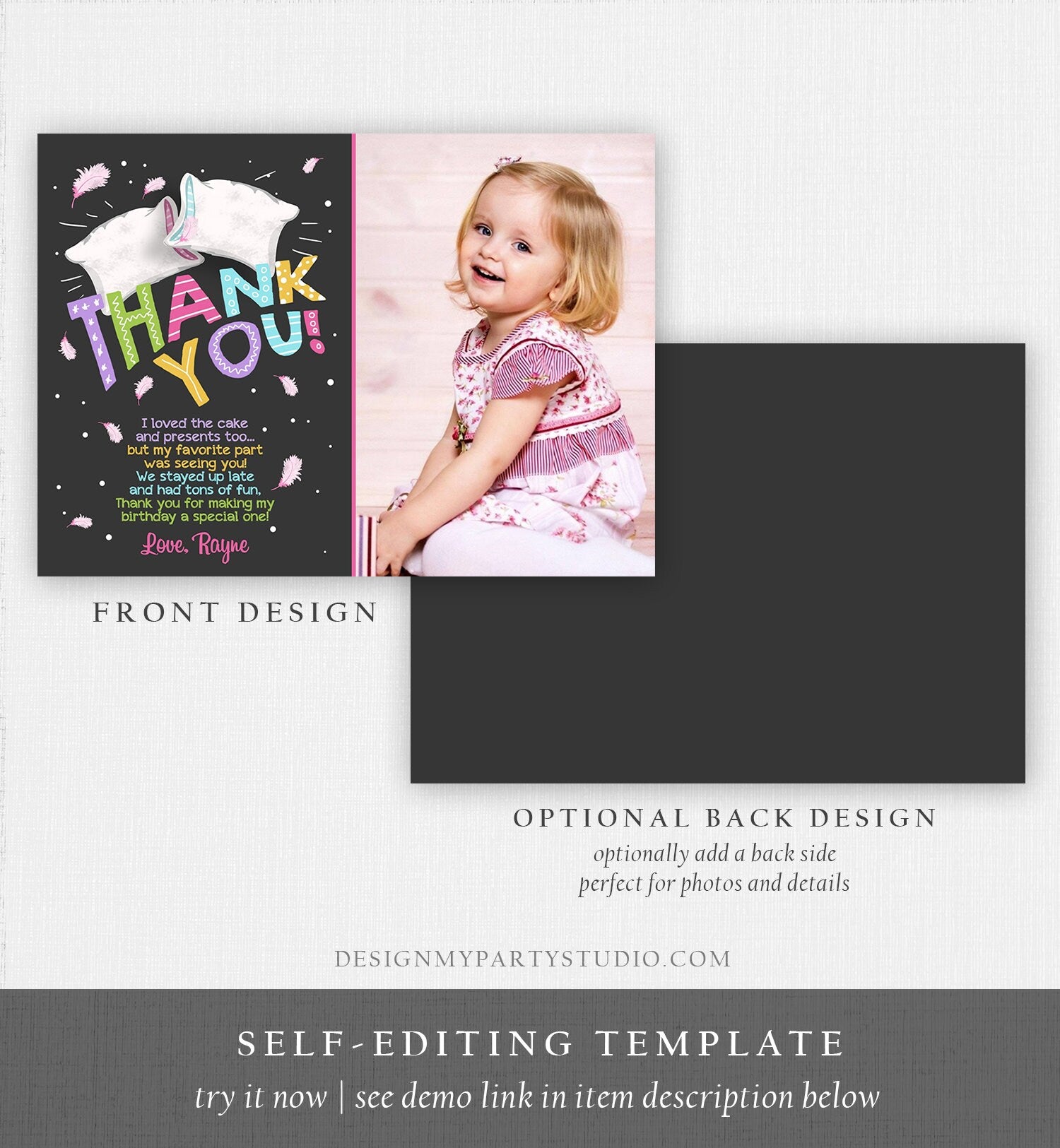 Editable Slumber Party Thank You Card Note Sleepover Pajamas Pillow Fight Girl Pink Note Template Digital Download Printable Corjl 0067