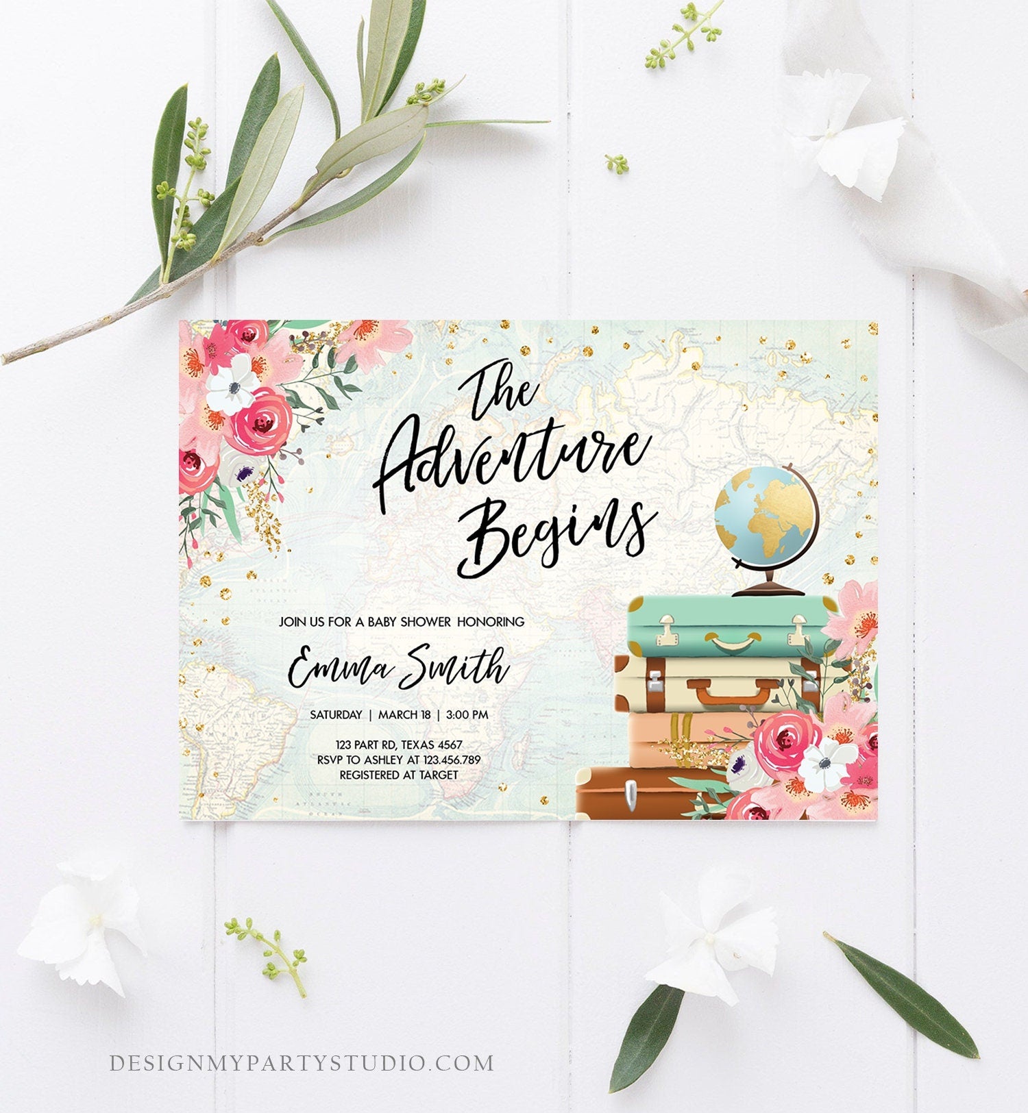 Editable The Adventure Begins Baby Shower Invitation Pink Floral Gold Confetti Suitcases Travel Around World Evite Template Printable 0030