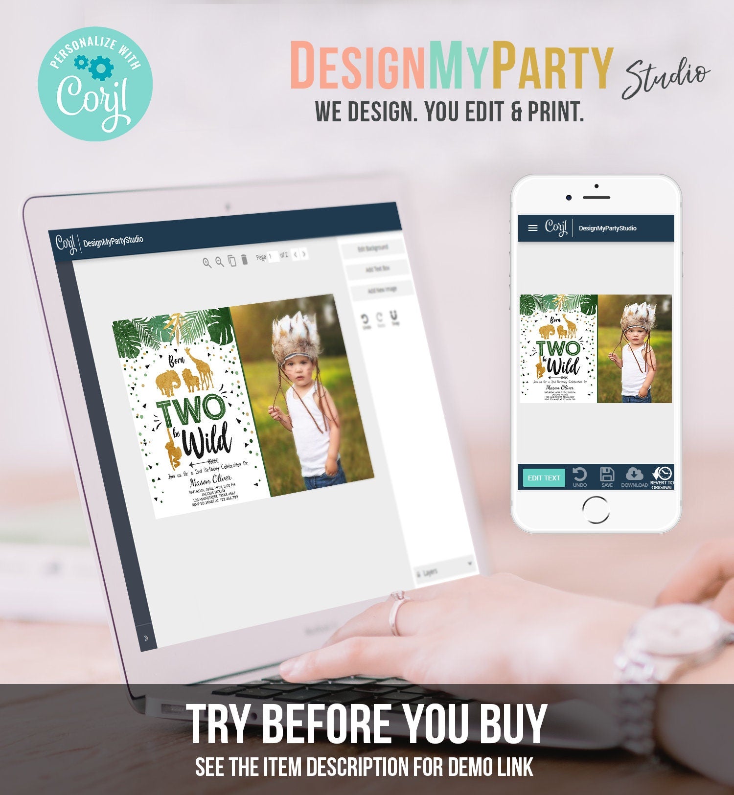 Editable Born Two Be Wild Birthday Invitation Safari Animals Jungle Zoo Boy Second Birthday 2nd Green Gold Printable Corjl Template 0016