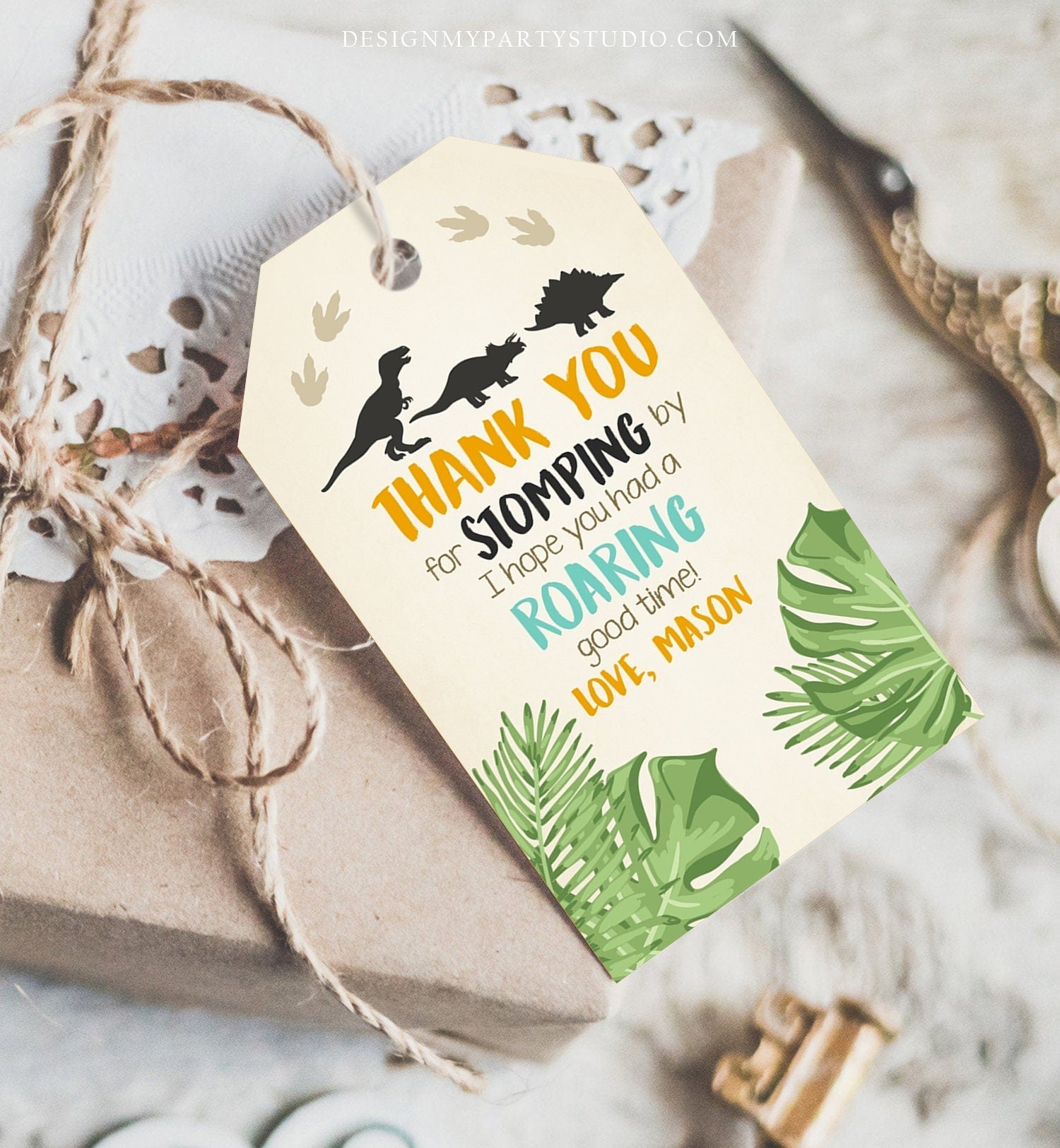 Editable Dinosaur Favor Tags RAWR ROAR Thank You For Stomping By Dino Boy Roaring Party Gift Tag Digital Download Template Printable 0043