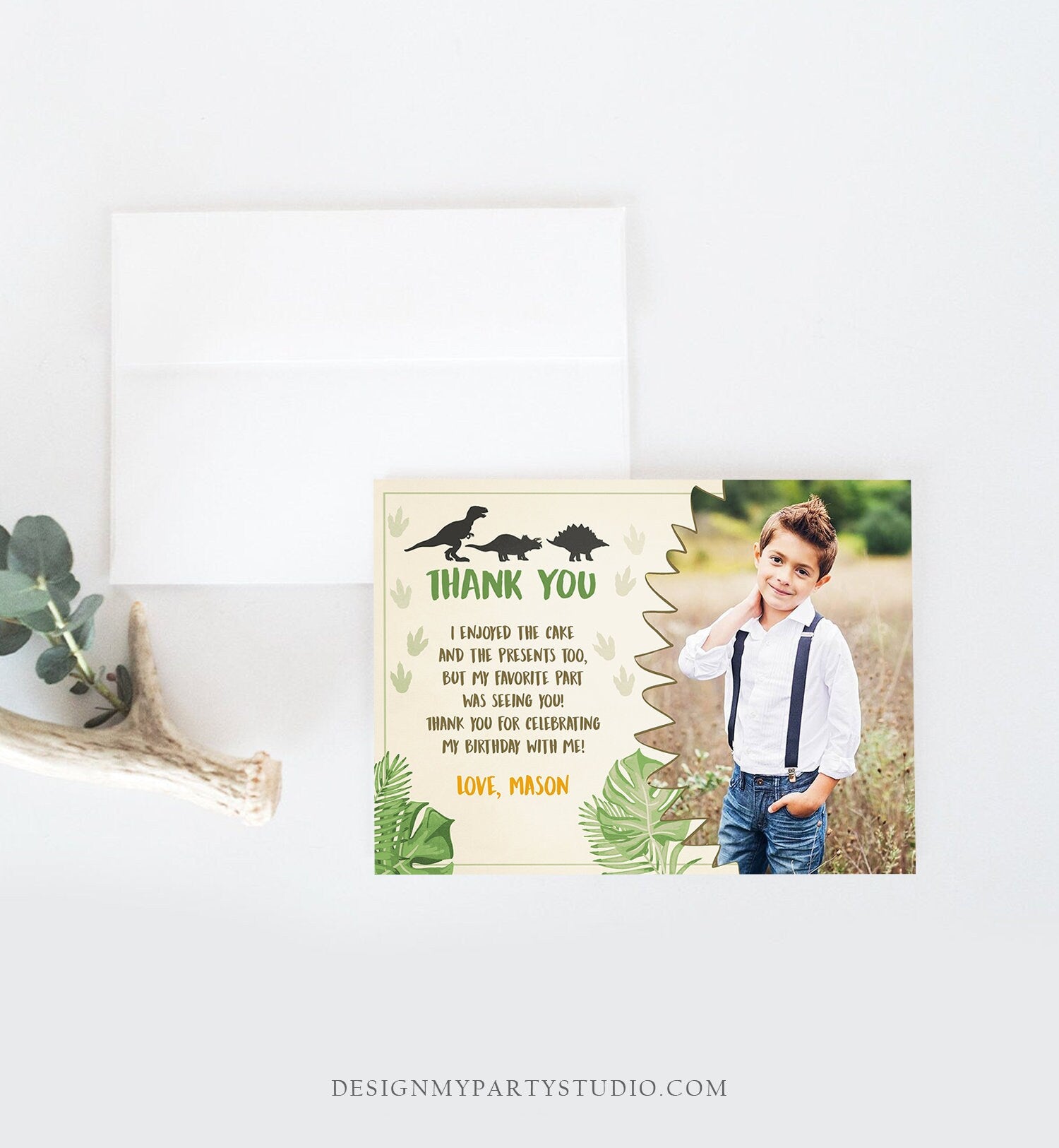 Editable Dinosaur Thank You Card Boy Prehistoric Dino Dig Party T-Rex Note Dino Mite Photo Digital Download Template Printable 0043
